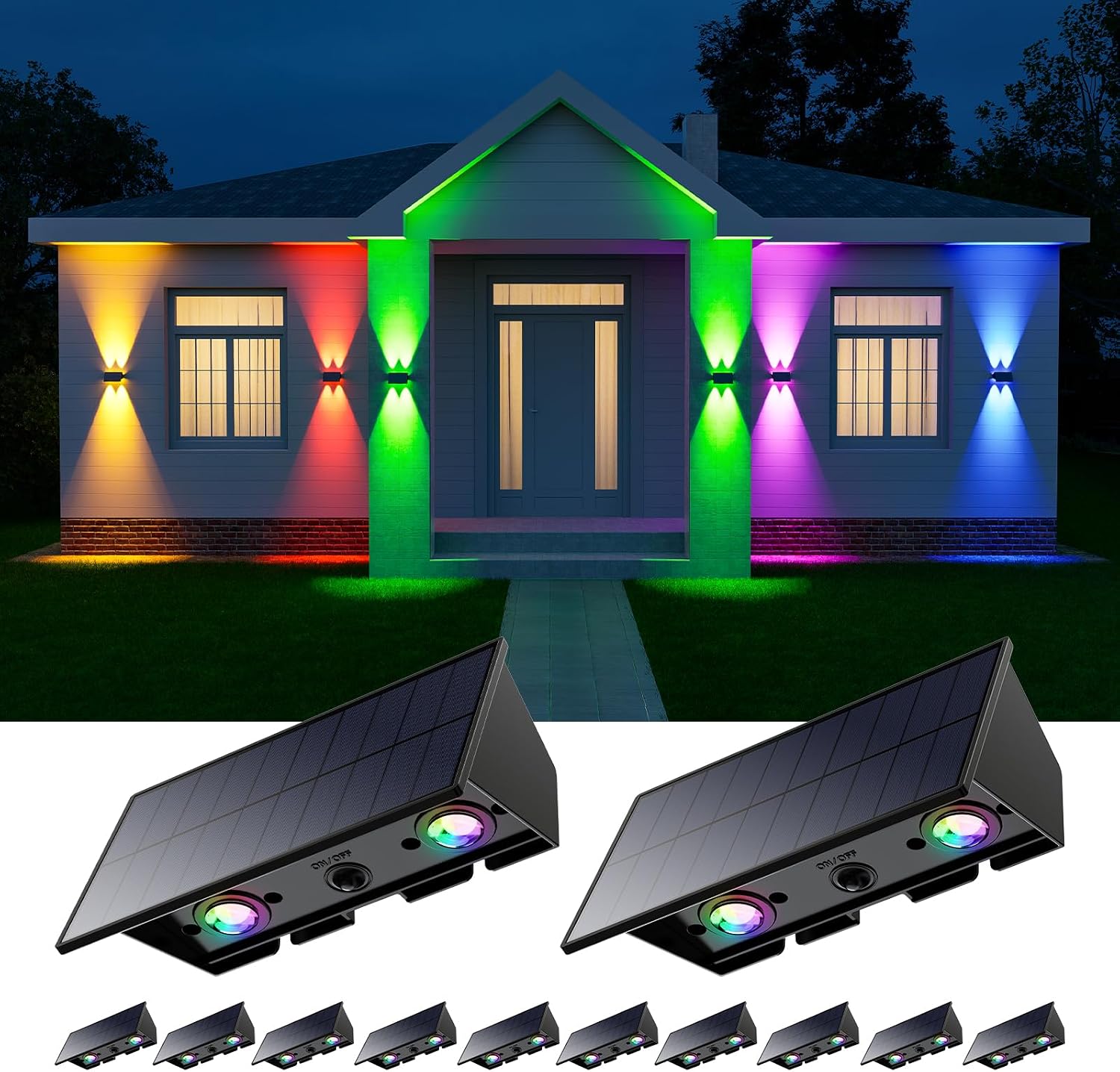 12 Pack RGB Solar Up and Down Wall Lights Outdoor Decorative Fence LED Waterproof Lamps for Deck, Patio, Porch, House, Garden, Pool Cage, Dynamic Color Changing Lights for Festive Atmosphere Building