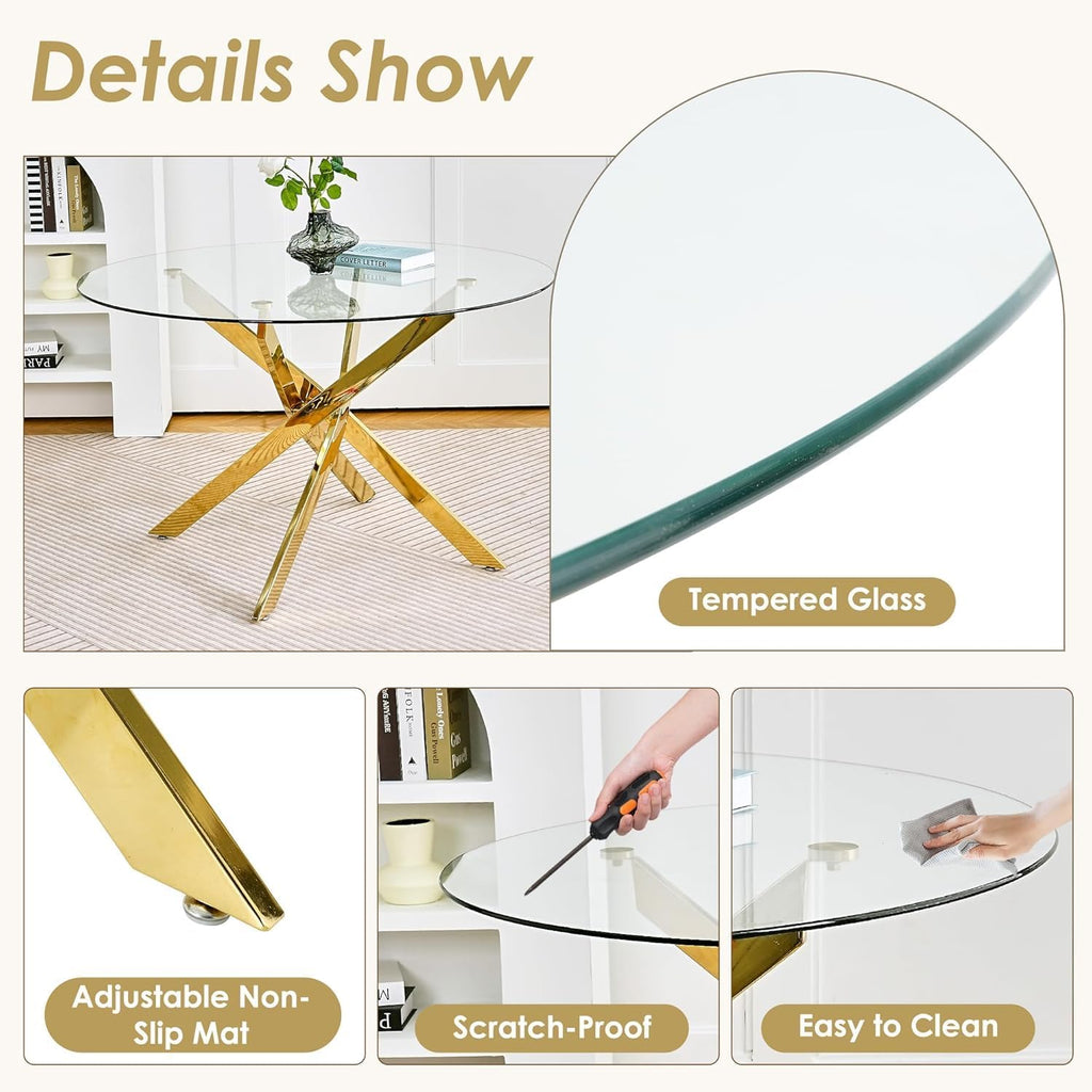 47'' Round Glass Dining Table Set for 4, Modern Glass Kitchen Table Set with Gold Base & 4 Luxury Beige Gold Velvet Dining Chairs, 5-Piece Circle Dinner Table Set for Home Apartment