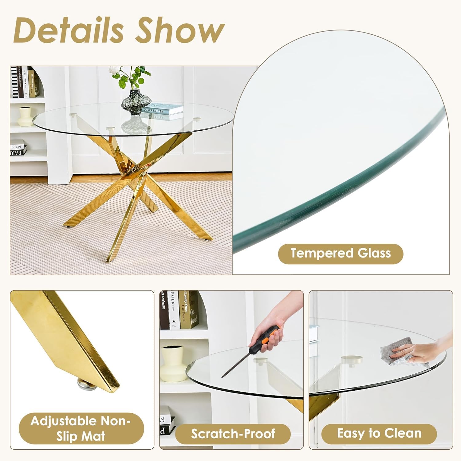 47'' Round Glass Dining Table Set for 6, Modern Glass Kitchen Table Set with Gold Base & 6 Luxury Beige Gold Velvet Dining Chairs, 7-Piece Circle Dinner Table Set for Home Apartment