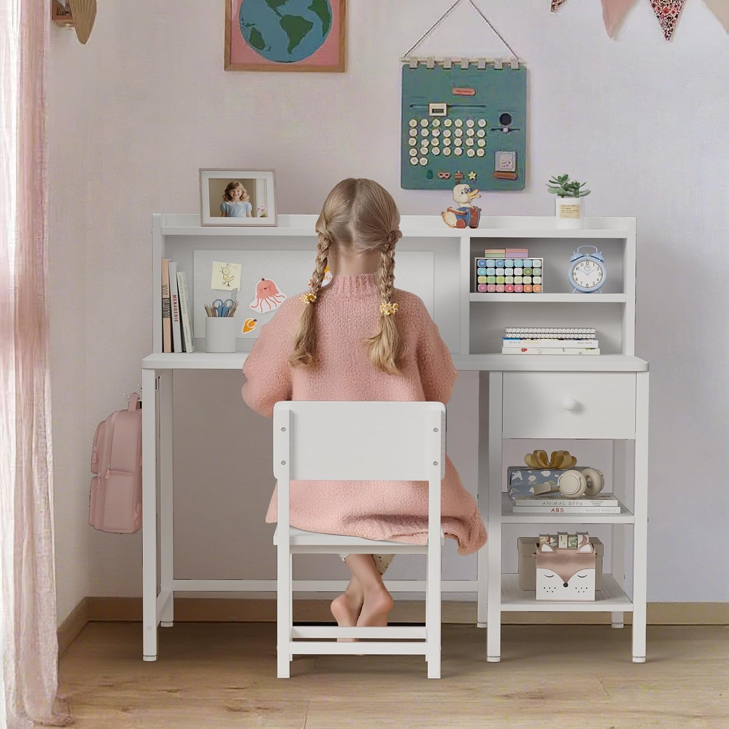 BOLUO White Kids Desk and Chair Set for 6-12 Year Old, Children Study Desk with Hutch and Storage Shelf, Student Writing Table with Fabric Drawer for Girls Boys