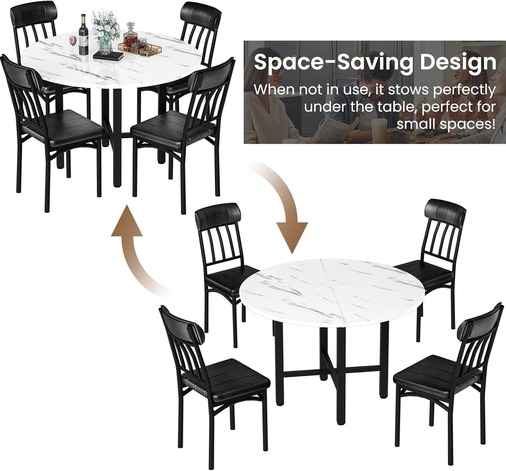 AWQM Round Dining Table Set for 4,Faux Marble Circle Dining Table Set with Chairs,Modern Kitchen Table and Chairs Set for 4,Round Dinner Table & Chair Set for Small Space,White
