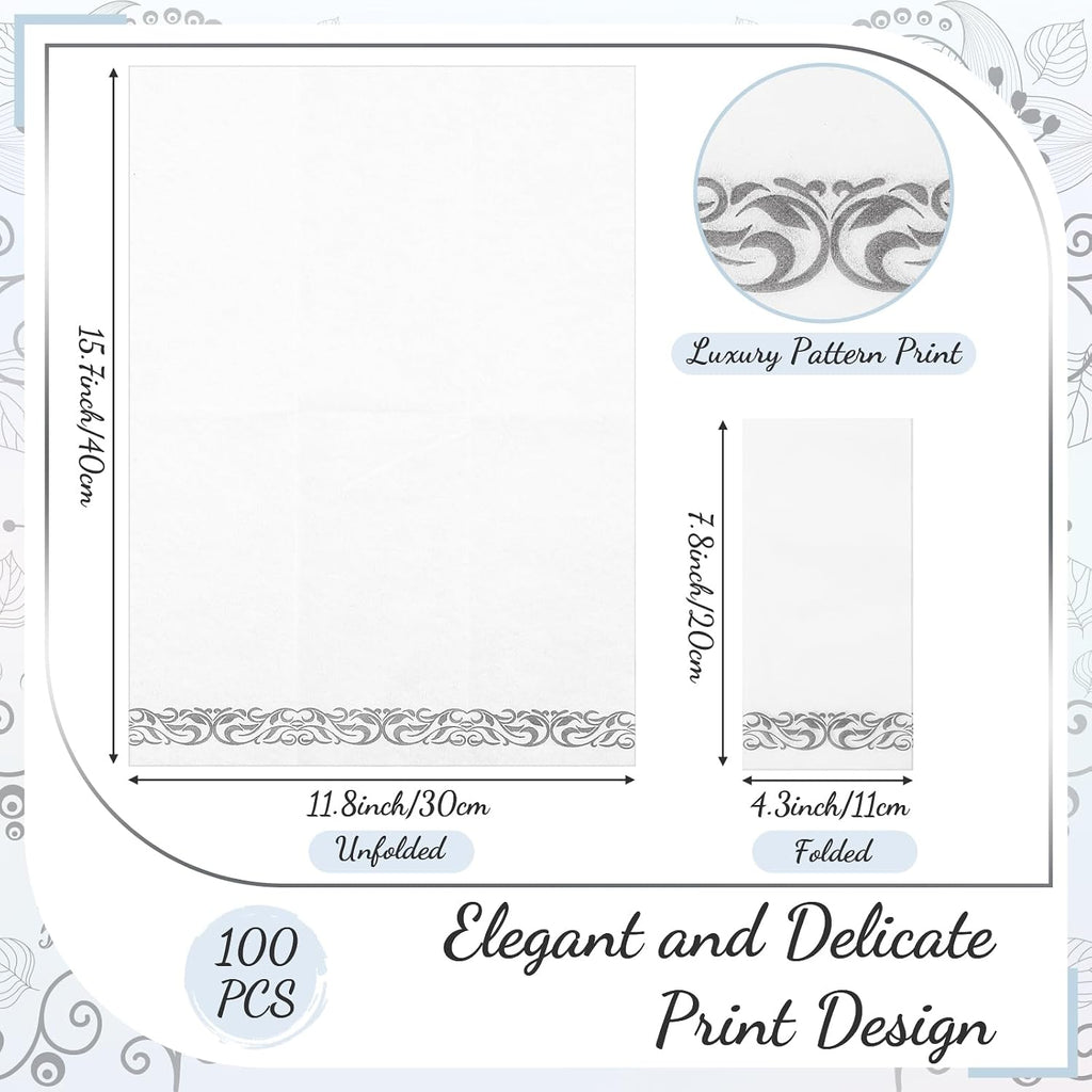FoldTier 100 Set Antique Charger Plates with Napkins Set 13 Inch Plastic Round Chargers Bulk Embossed Rim Dinner Plates Elegant Guest Towels for Wedding Party Event Table Decoration Setting (Silver)