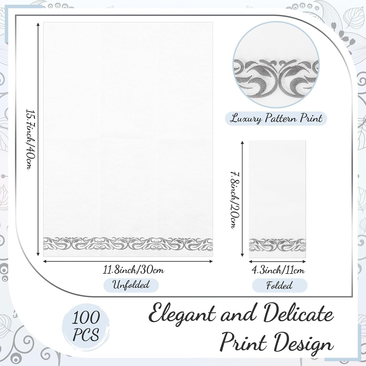 FoldTier 100 Set Antique Charger Plates with Napkins Set 13 Inch Plastic Round Chargers Bulk Embossed Rim Dinner Plates Elegant Guest Towels for Wedding Party Event Table Decoration Setting (Silver)