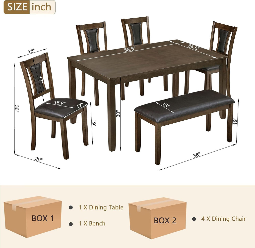 LUMISOL 6-Piece Modern Dining Table Set with Upholstered Chairs of 6, Wooden Rectangular Table for 6-7 People, Farmhouse Kitchen Table Set with Bench for Restaurant, Walnut