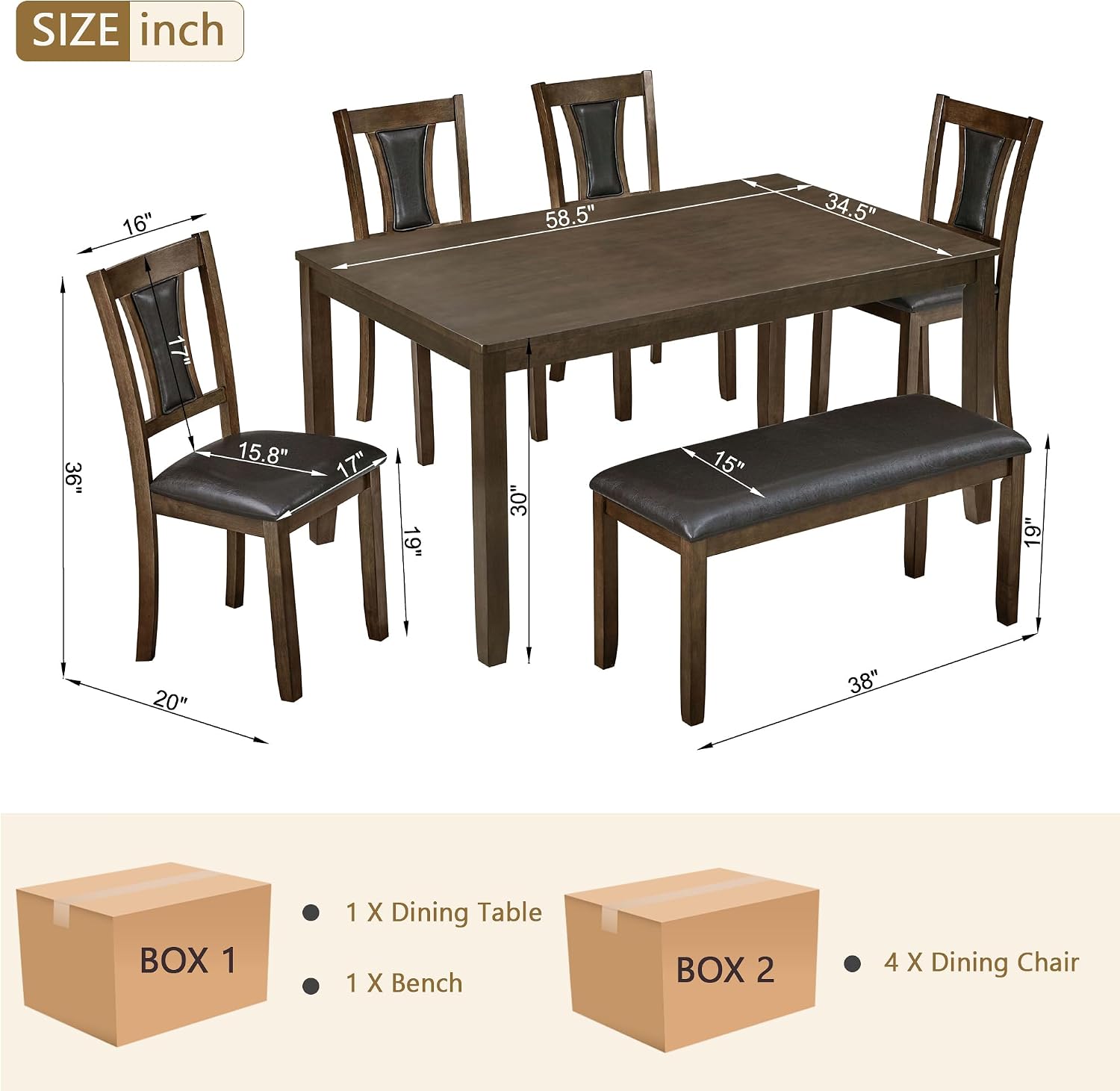 LUMISOL 6-Piece Modern Dining Table Set with Upholstered Chairs of 6, Wooden Rectangular Table for 6-7 People, Farmhouse Kitchen Table Set with Bench for Restaurant, Walnut