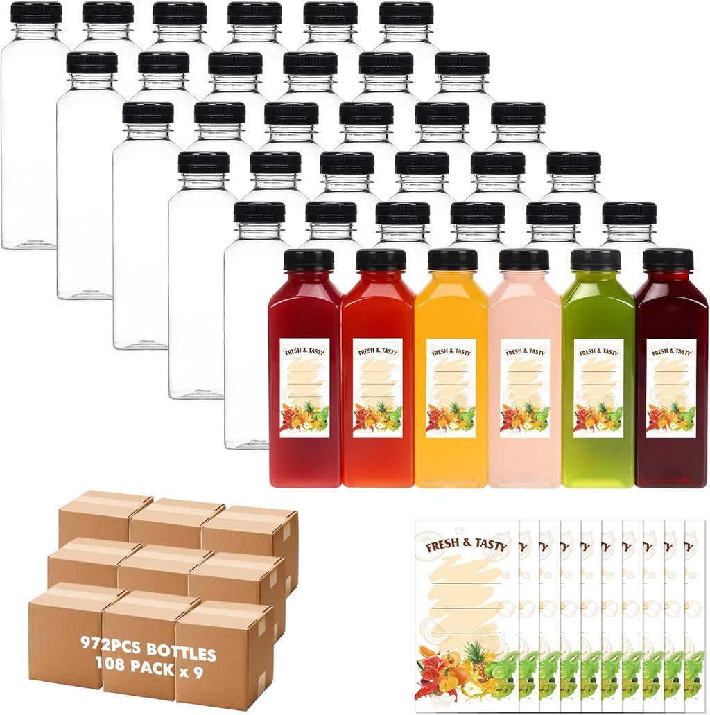BAKHUK 972pcs 16oz Empty Plastic Juice Bottles with Caps, Plastic Water Bottles with lids, Reusable Clear Bulk Beverage Containers for Juice, Milk and Other Beverages