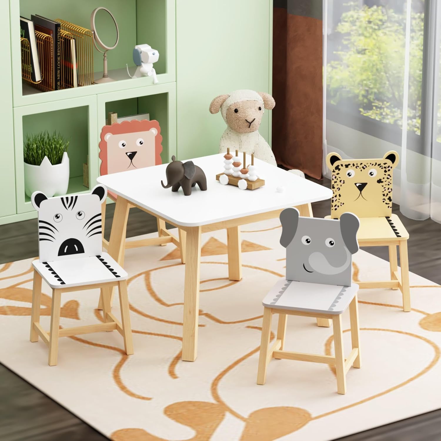 GDFStudio Toddler Table and Chair Set, 5-Piece Kids Dinner Table and Chairs for Ages 3-8, Cartoon Animals Solid Wood Play Table for Drawing, Study, Dining Room, Nursery and Kindergarten, White