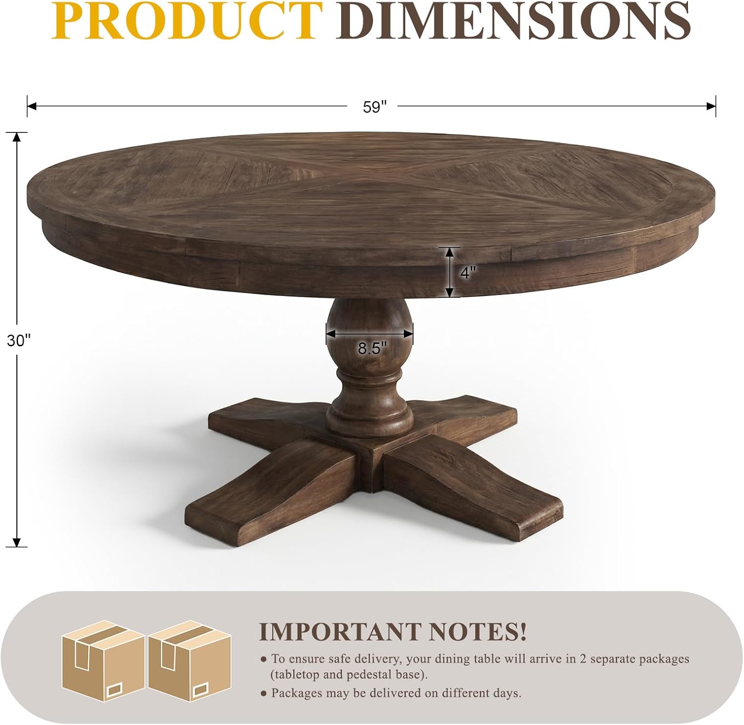 60' Round Dining Table, Reclaimed Wood Kitchen Table for 6-8 Farmhouse Circle Kitchen Table with Pedestal Curved Leg for Kitchen Dining Room Restaurant - Weathered Brown