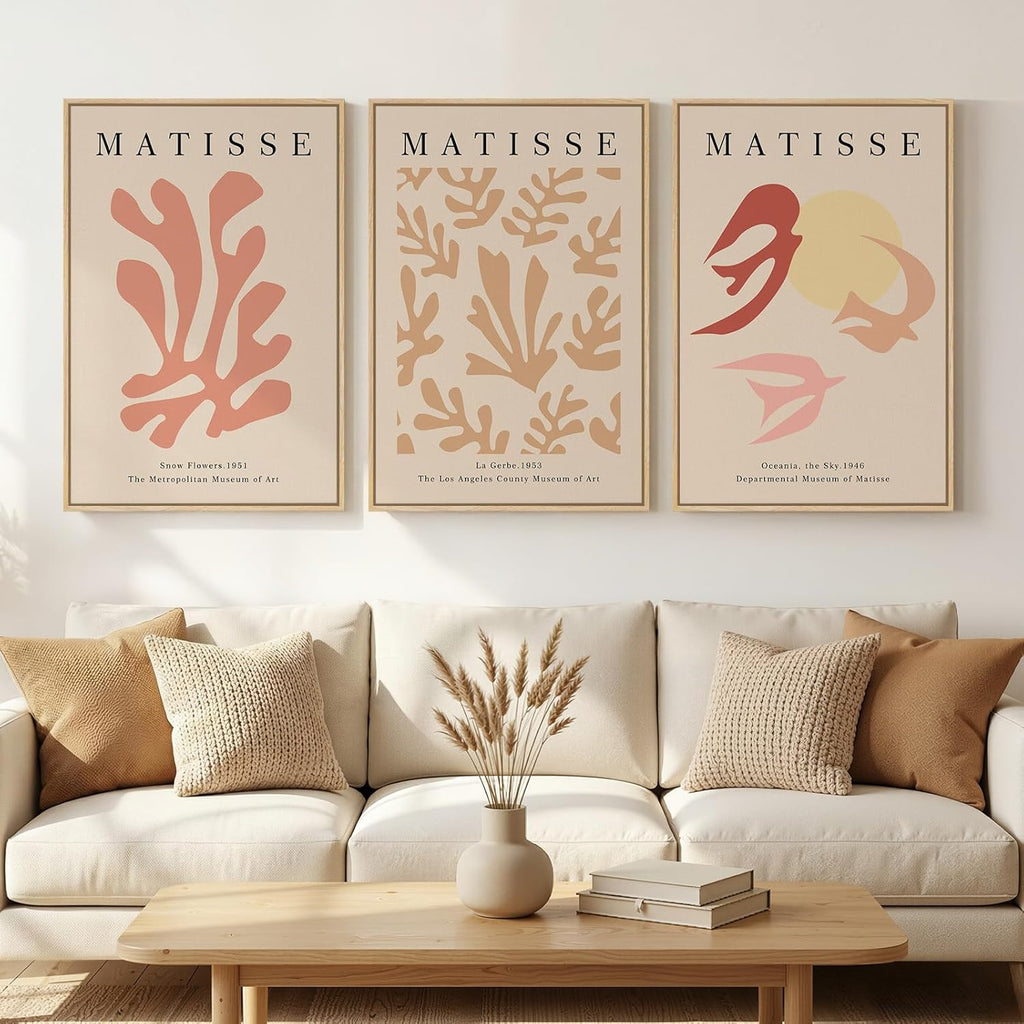 Framed Large Matisse Abstract Wall Art Set of 3, Vintage Neutral Pink Floral Botanical Canvas Prints, Classical Matisse Paintings Pictures for Living Room, Bedroom, Hallway, Office Decor, Total Size 30x60 In