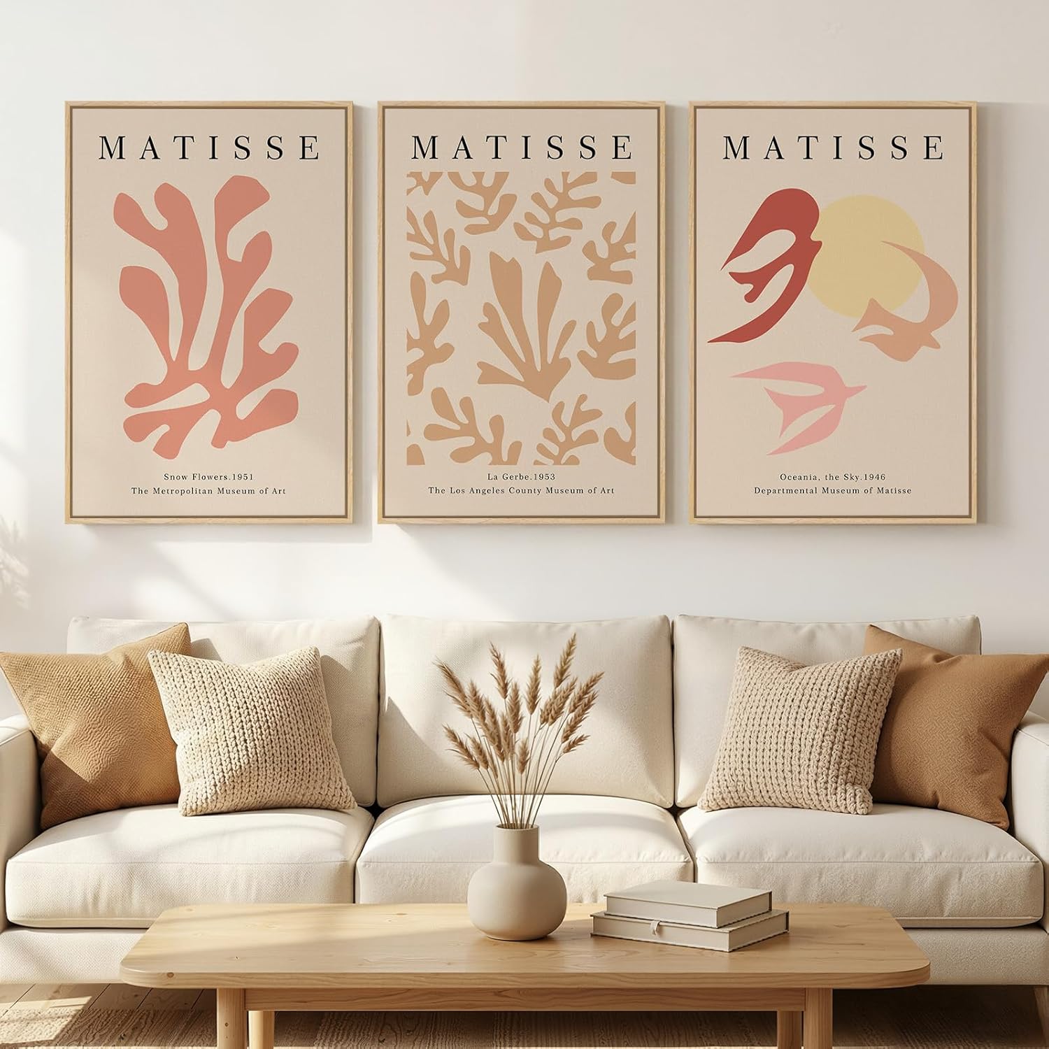 Framed Large Matisse Abstract Wall Art Set of 3, Vintage Neutral Pink Floral Botanical Canvas Prints, Classical Matisse Paintings Pictures for Living Room, Bedroom, Hallway, Office Decor, Total Size 30x60 In