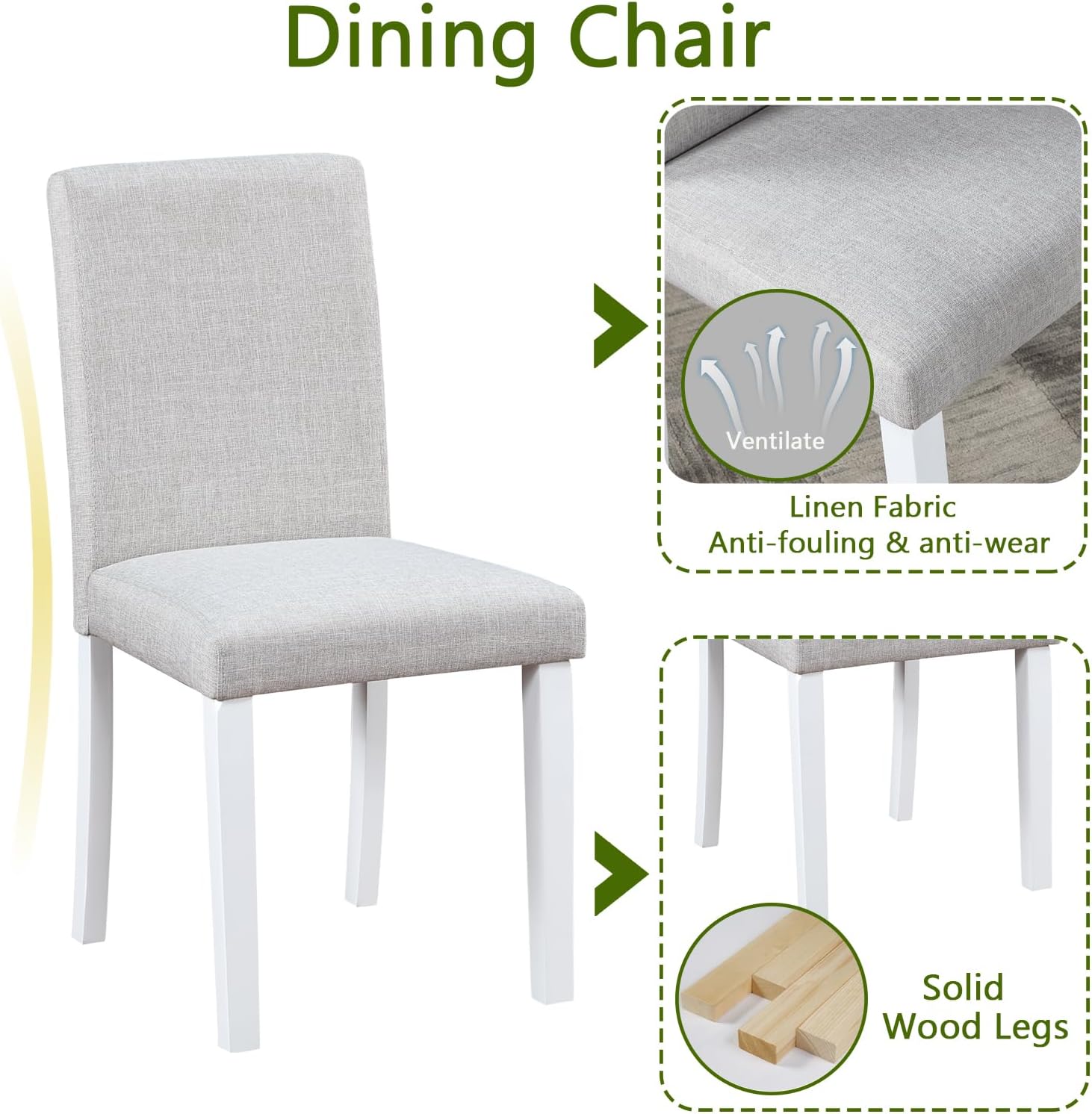 LUMISOL Dining Table Set for 4, 5-Piece Solid Wood Kitchen Table Set with 4 Upholstered Chairs for Kitchen, Dining Room, Home Bar, White