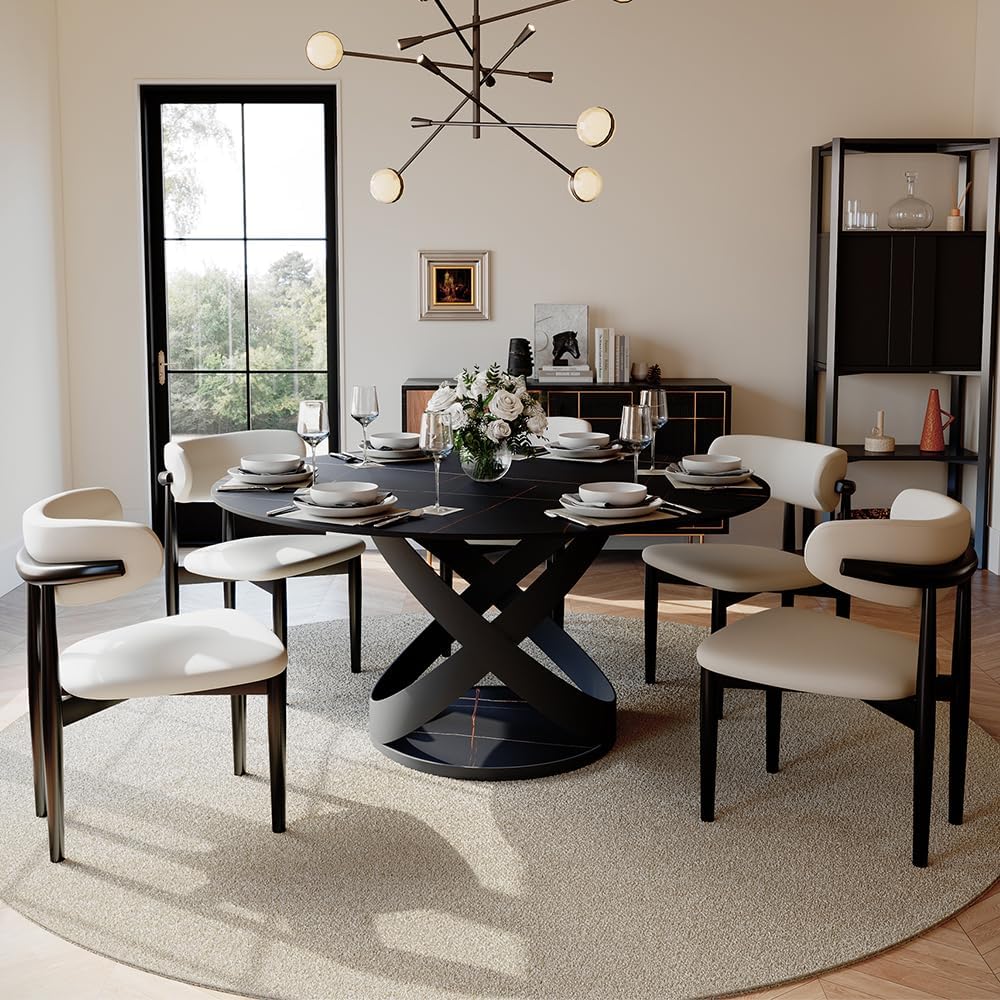 POVISON 60' Round Dining Table for 6, Modern Dining Room Table with Lazy Susan, Matte Black Sintered Stone Dining Tabletop with X-Shape Carbon Steel Base (Table Only)