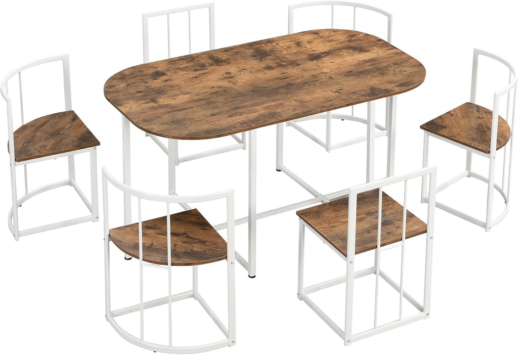 7 Piece Dining Table Set, Metal Kitchen Dining Table Set with Chairs for 6 Persons for Small Space, White Cherry