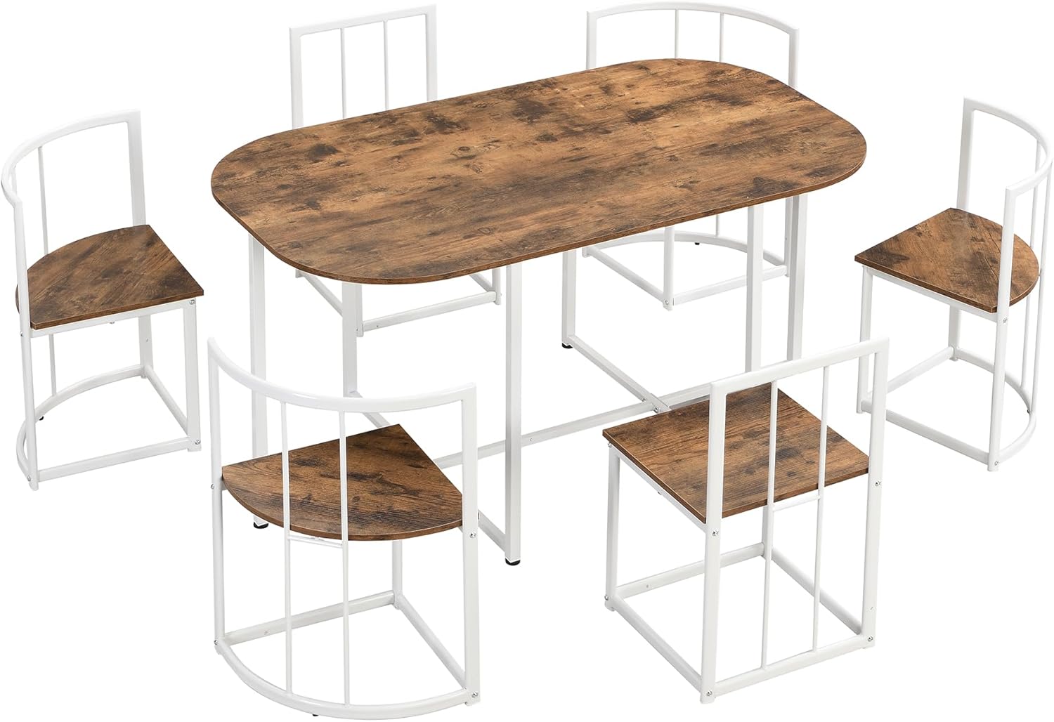 7 Piece Dining Table Set, Metal Kitchen Dining Table Set with Chairs for 6 Persons for Small Space, White Cherry