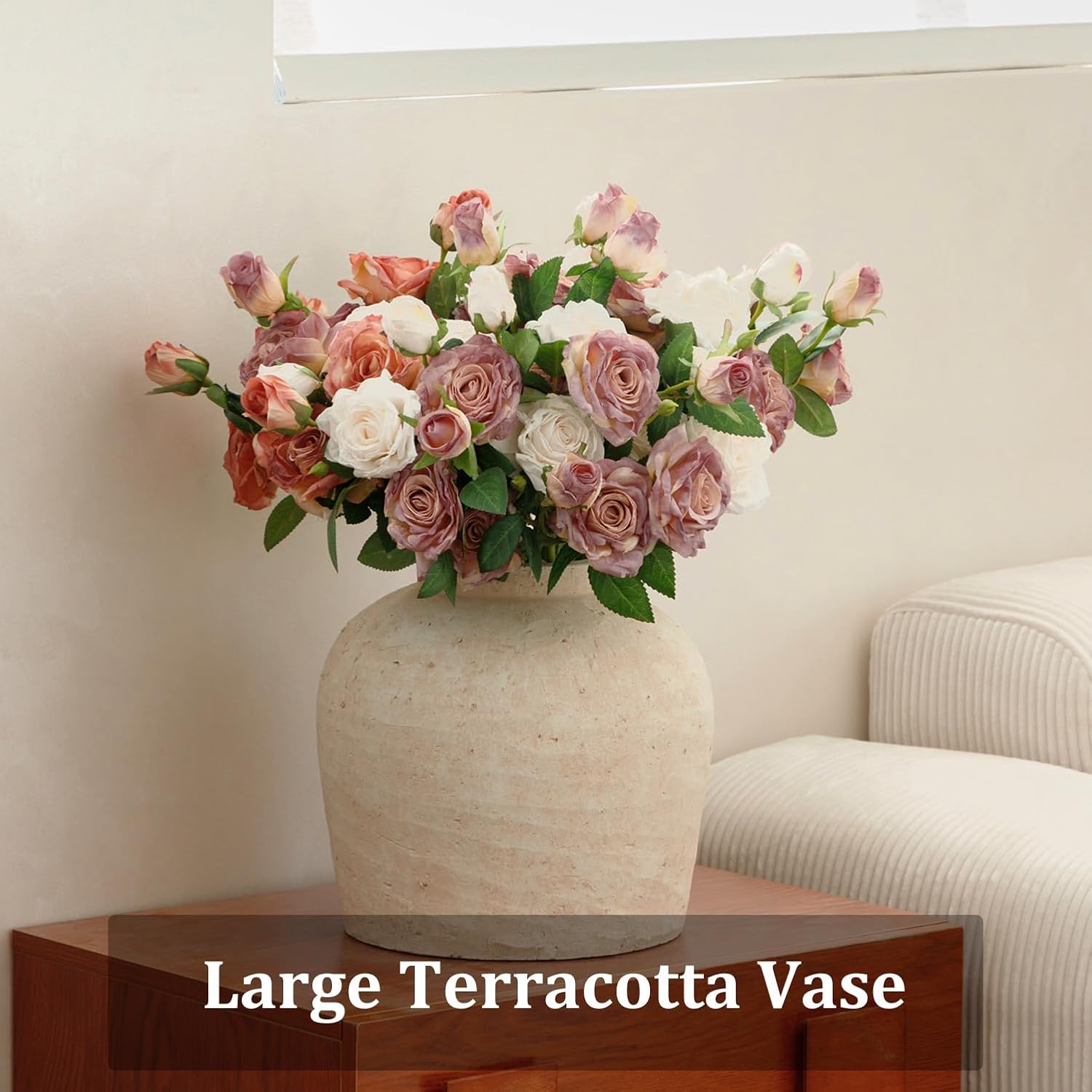 Large Ceramic Vase, 11' Rustic Farmhouse Terracotta Vase for Home Decor, Artisan Decorative Flower Vase for Living Room, Table Centerpiece, Bedroom (Terracotta Beige)