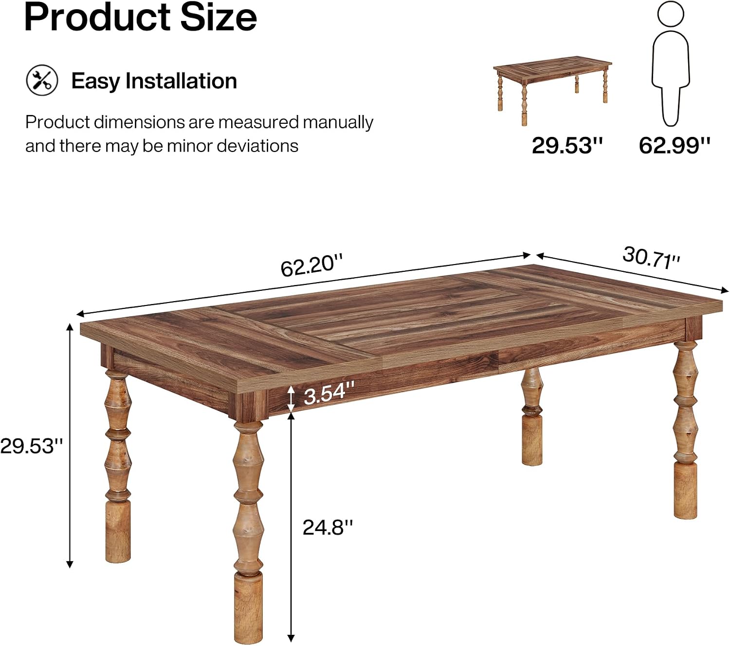 Tribesigns 62' Farmhouse Dining Table for 4-6 People, Large Wood Rectangle Kitchen Table, Modern Dinner Table Kitchen & Dining Room Furniture with Carved Turned Legs