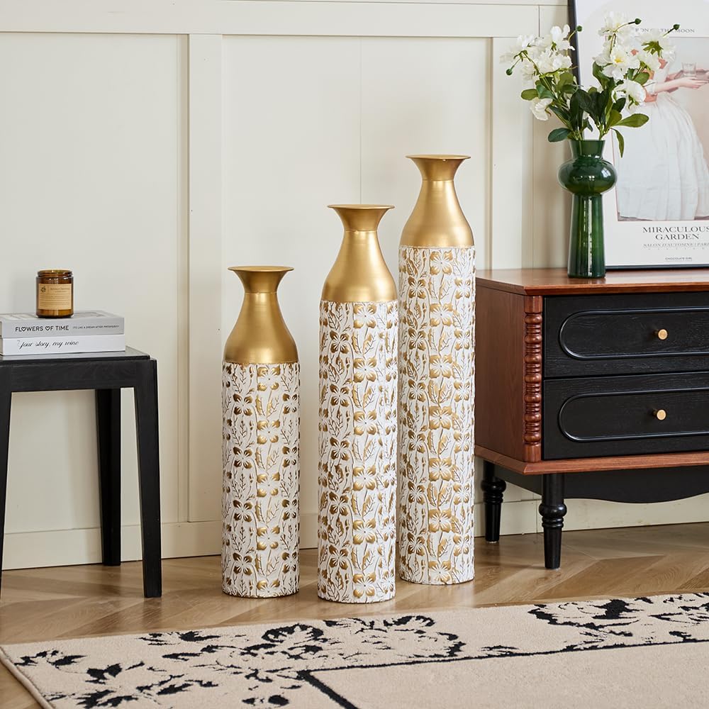 Floor Metal Decorated Vases Set of 3 for Gorgeous Home Decoration Large Glazed Metal Vases (Matt White+Gold)