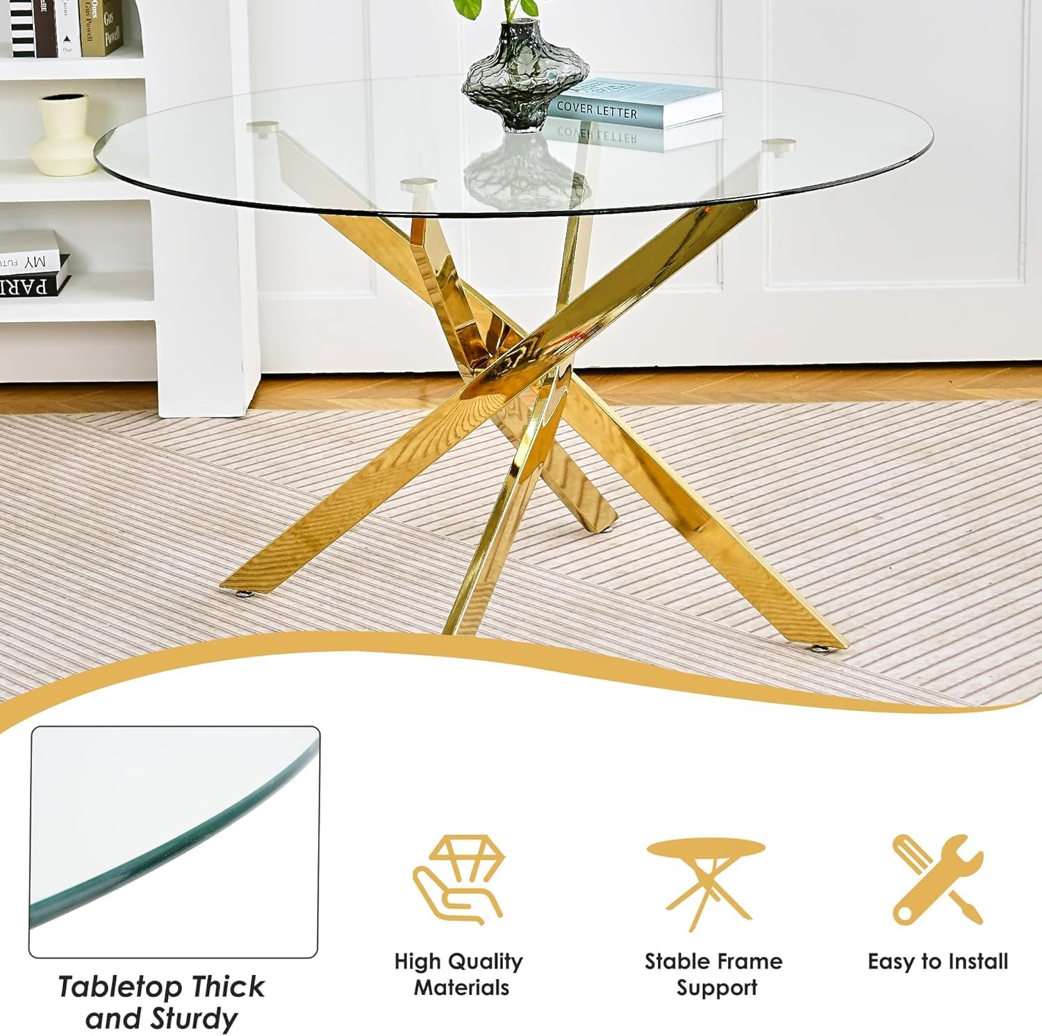 47'' Round Glass Dining Table Set for 4, Modern Glass Kitchen Table Set with Gold Base & 4 Luxury Beige Gold Velvet Dining Chairs, 5-Piece Circle Dinner Table Set for Home Apartment