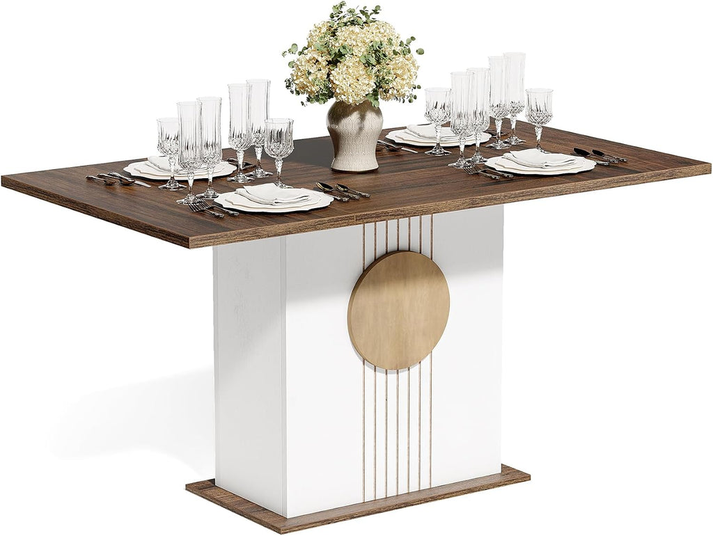 LITTLE TREE Rectangle Dining Table, Modern Kitchen Table Set for 6, Wooden Furniture with Heavy Duty Base, Modern Furniture for Home, Dining Room, Brown & White