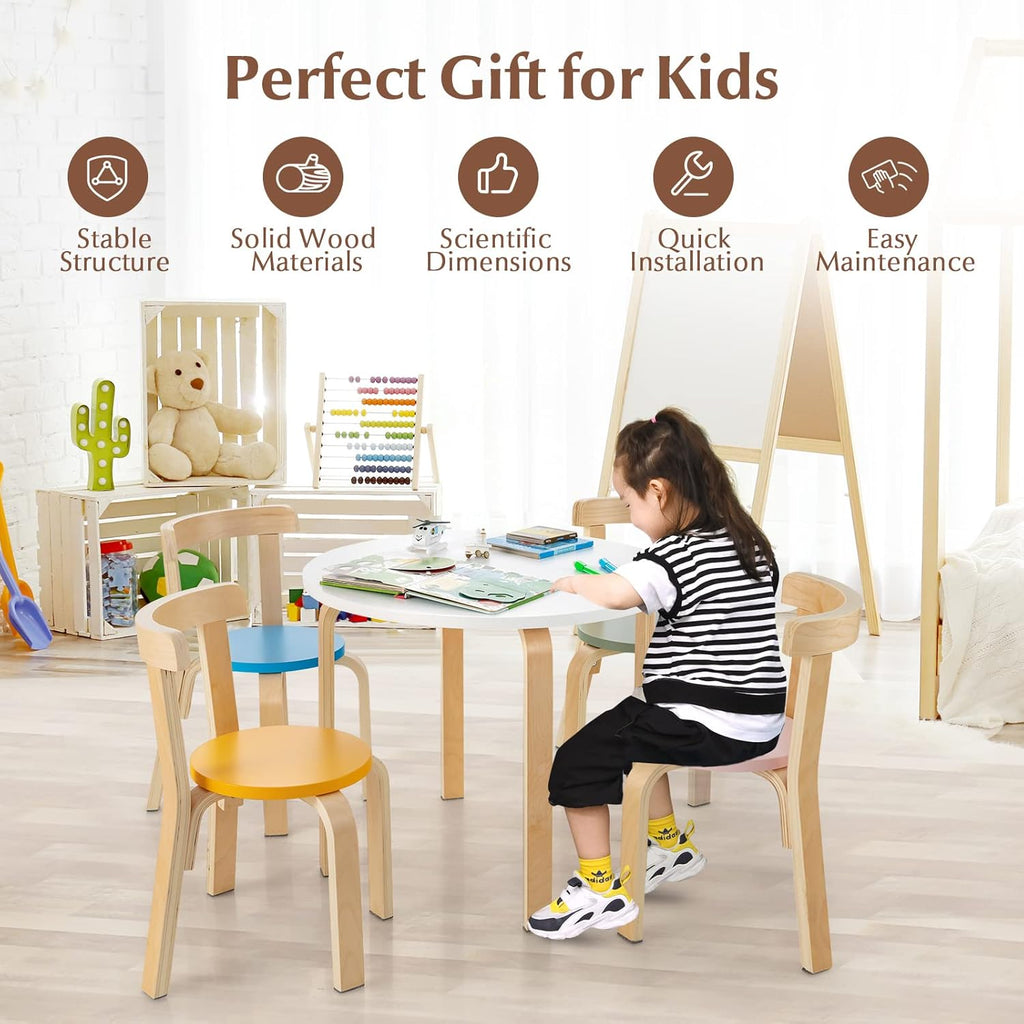 Costzon Kids Table and Chair Set, 5-Piece Wooden Activity Desk Set w/Toy Bricks, Classroom Playroom Daycare Furniture for Playing, Drawing, Reading, Bentwood Toddler Table and Chairs (Assorted)