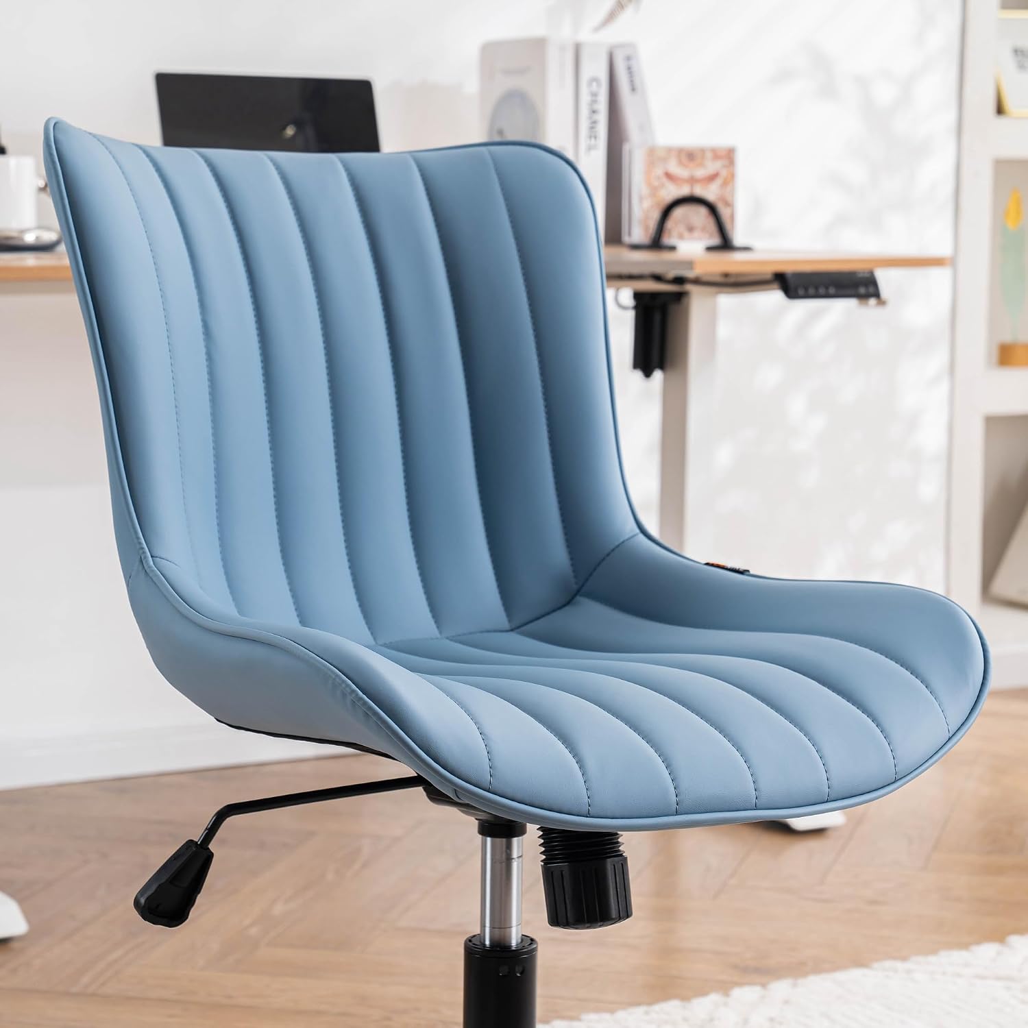 YOUNIKE Blue Office Desk Chair with Wheels Comfy Armless Vanity Chair with Back Modern Small Faux Leather Upholstered Rolling Task Chair Cute Computer Drafting Sewing Chair Swivel Adjustable Compact