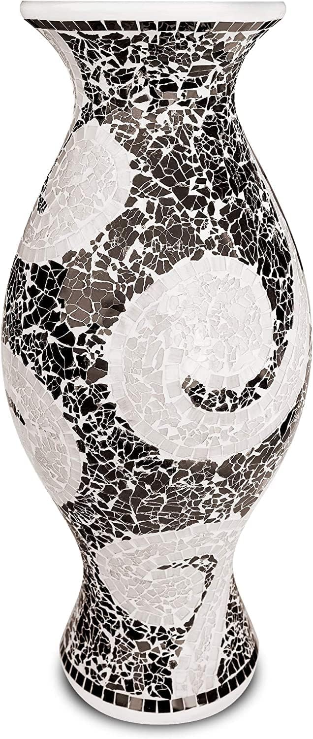 Floor Vase, 18 Inch Mosaic Vase – Tall Cylinder Made of Terracotta with Black and White Glass Mosaic Pieces – Handcrafted Decorative Home Décor Accent Piece for Bedroom, Living Room, Office