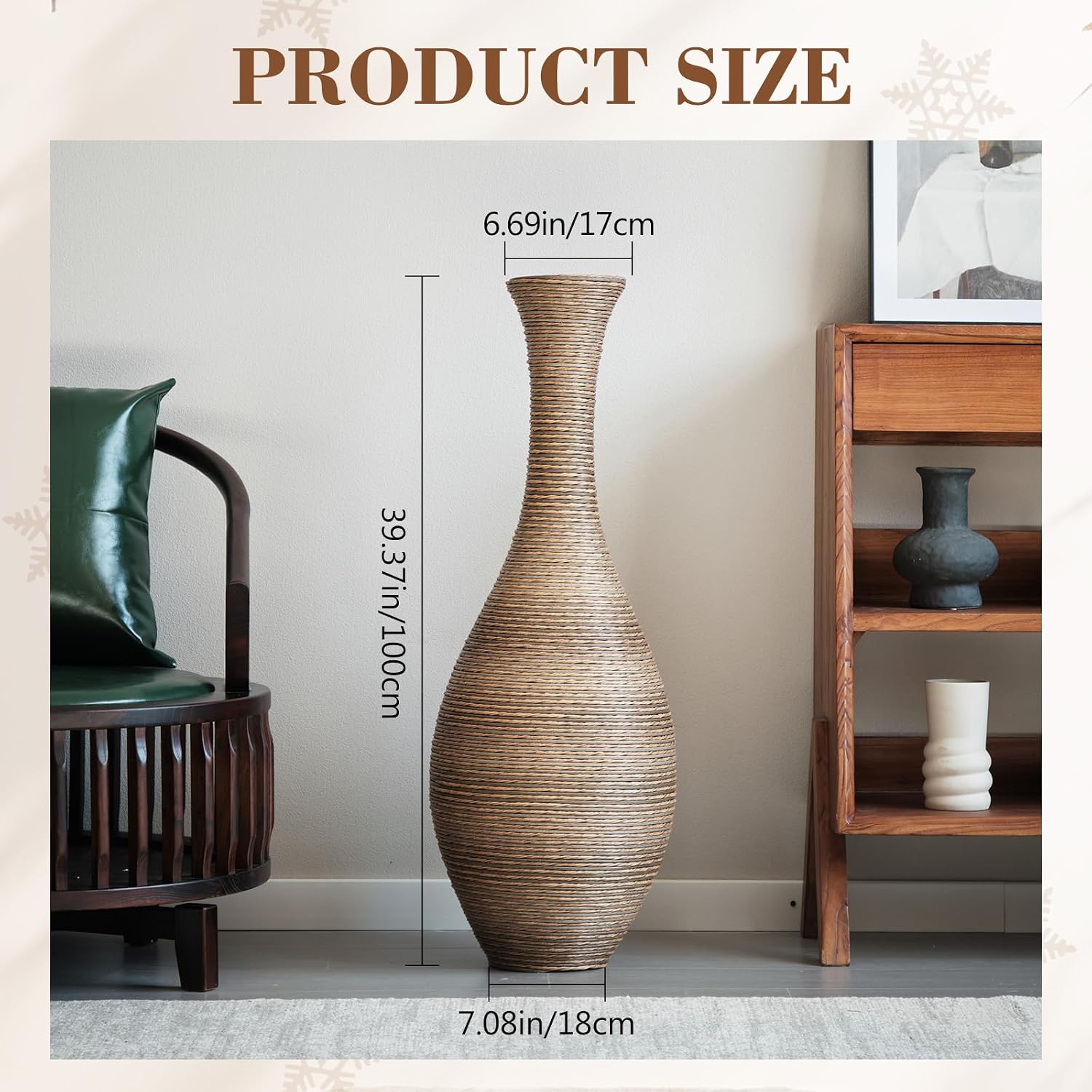 40' Tall Large Rattan Standing Floor Vase Modern Decorative Accent Flower Holder Floor Vase for Living Room Entryway Dining Room Stylish Home Décor Statement Piece (Beige+Grey)