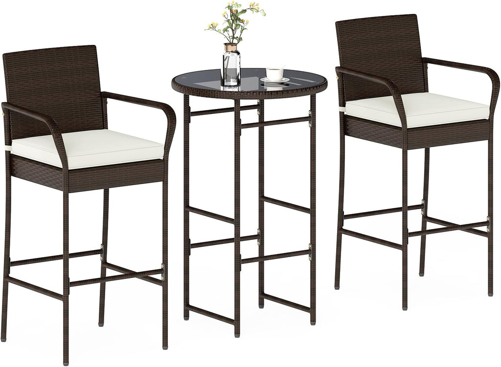 Tangkula 3 Piece Outdoor Bar Set, Patio Rattan Heavy Duty Bar Height Glass Top Table & Chairs w/ 2 Cushioned Barstools, for Porch, Yard, Poolside
