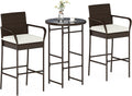 Tangkula 3 Piece Outdoor Bar Set, Patio Rattan Heavy Duty Bar Height Glass Top Table & Chairs w/ 2 Cushioned Barstools, for Porch, Yard, Poolside