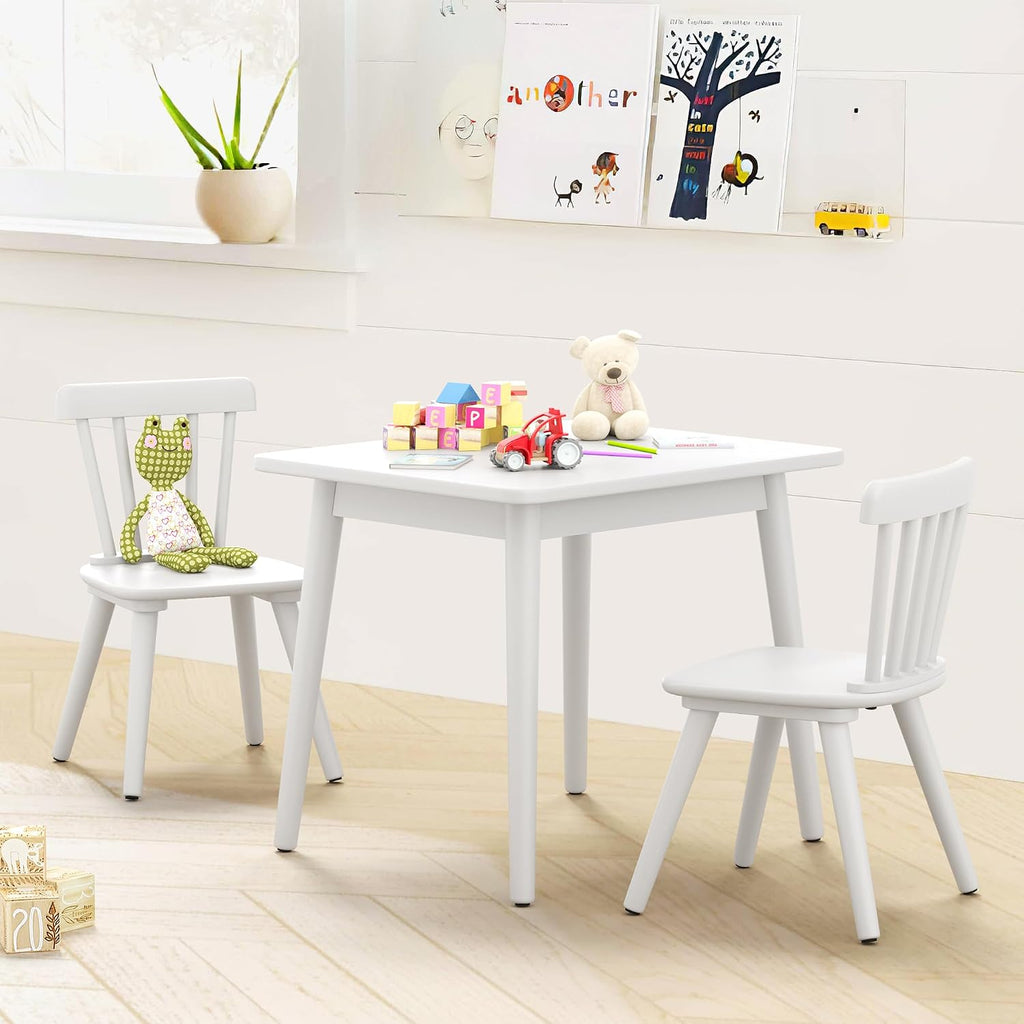 Curipeer Windsor Kids Table and 2 Chair Set, Rubberwood Toddler Table and Chair Set for Art, Play, Craft, Activity, with Non-Slip Legs Round Edge Design, White