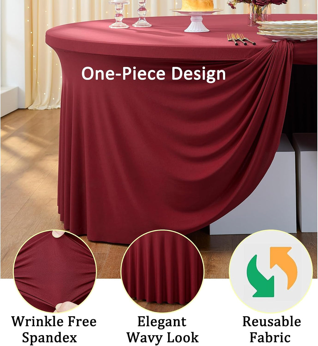 8 Pack Burgundy Round Spandex Tablecloth for 72 inch Table, Stretchy 132inch Fitted 6FT Round Table Cloths Maroon, Wrinkle Free Table Cover with Skirt for Wedding Birthday Christmas Party Banquet