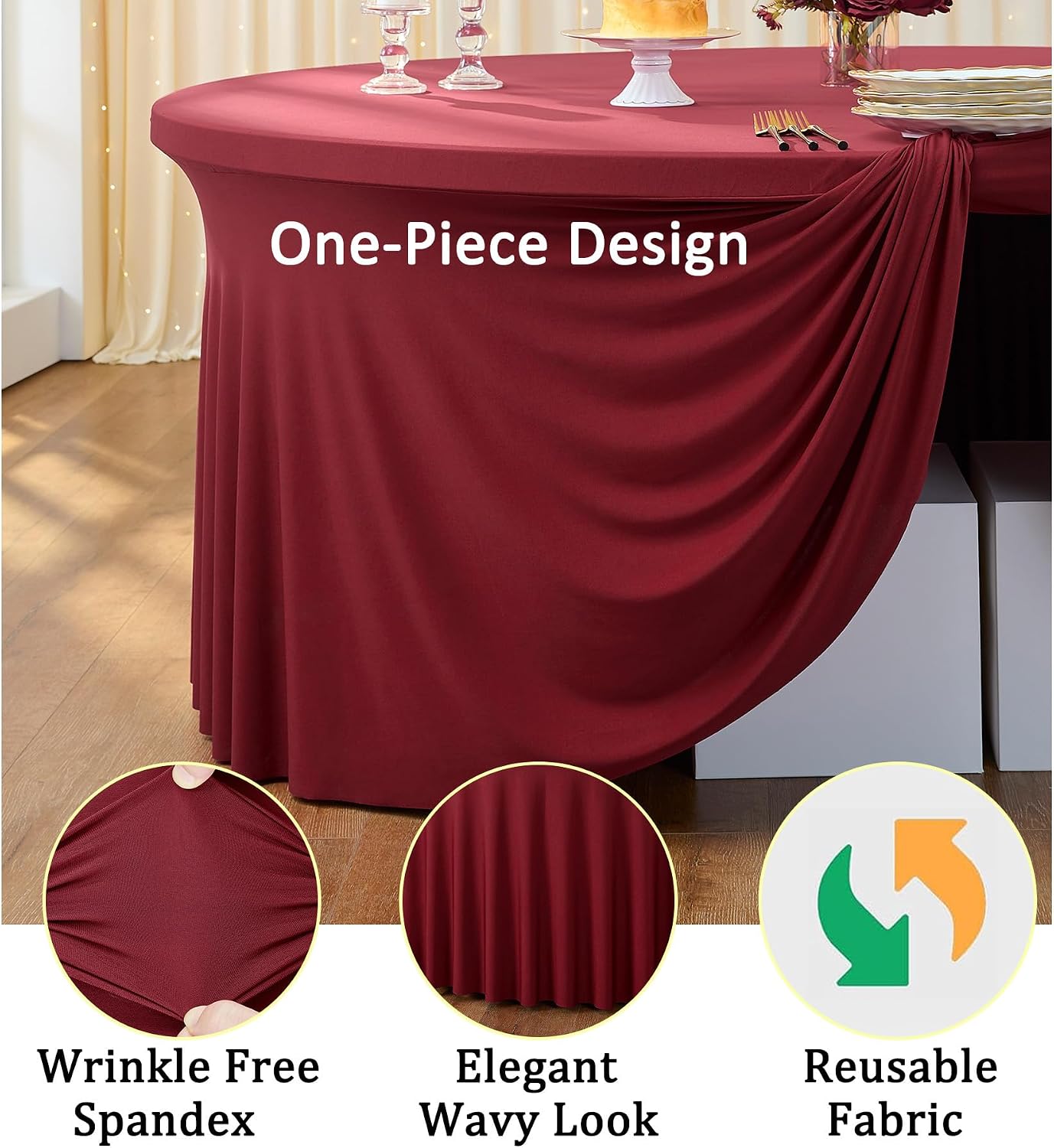 8 Pack Burgundy Round Spandex Tablecloth for 72 inch Table, Stretchy 132inch Fitted 6FT Round Table Cloths Maroon, Wrinkle Free Table Cover with Skirt for Wedding Birthday Christmas Party Banquet