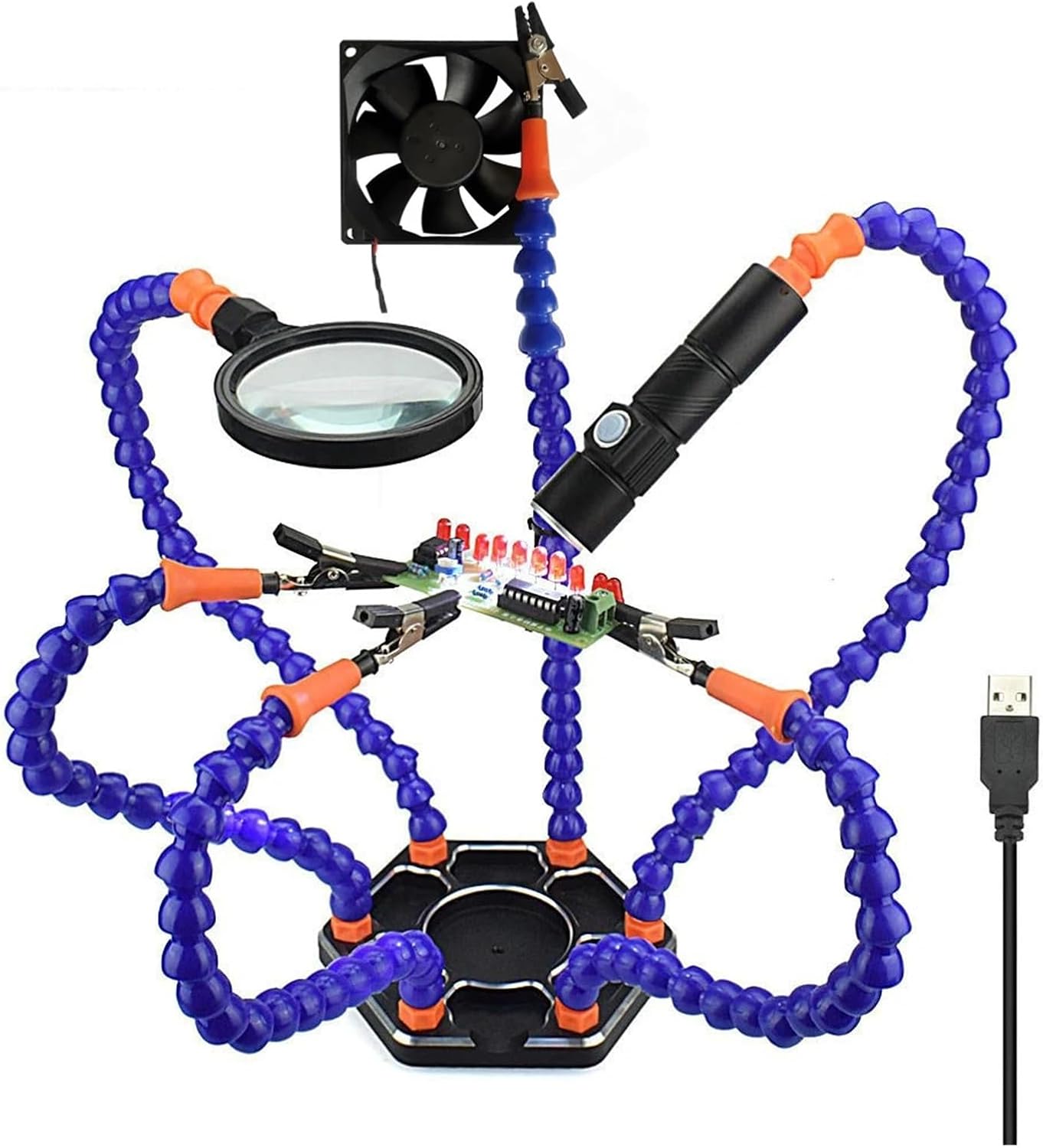 Flexible Holder Alligator Arms Clip Clamp Soldering Helping Third Hand PCB Adjustable Welding Desk With 3X Magnifier LED Lamp(6 Arms Pro3)