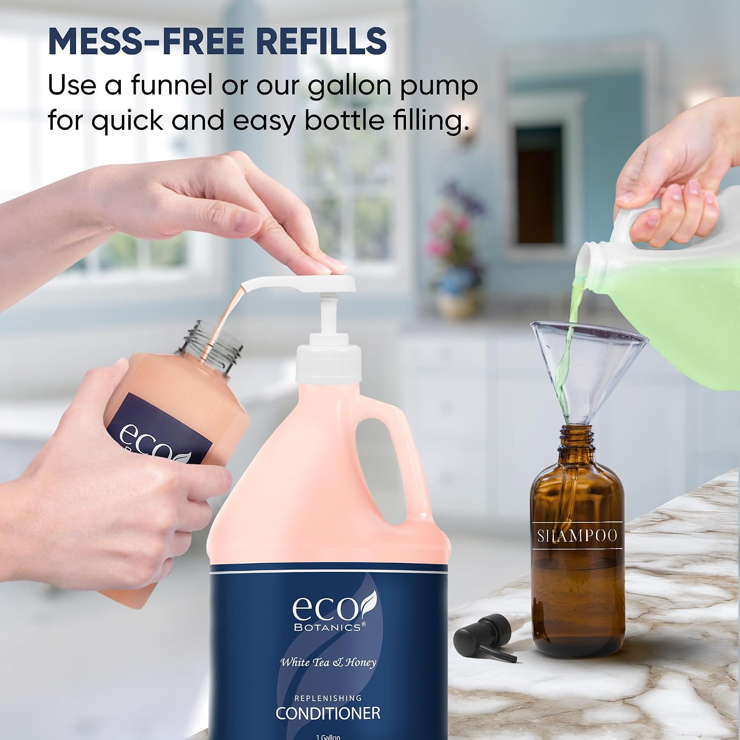Terra Pure | Eco Botanics Gallon & Dispenser Set | 1-Shoppe Hotel Amenities Kit | Shampoo, Conditioner, Body Wash Gallon | Refillable 10.14oz Matching Pump Bottles