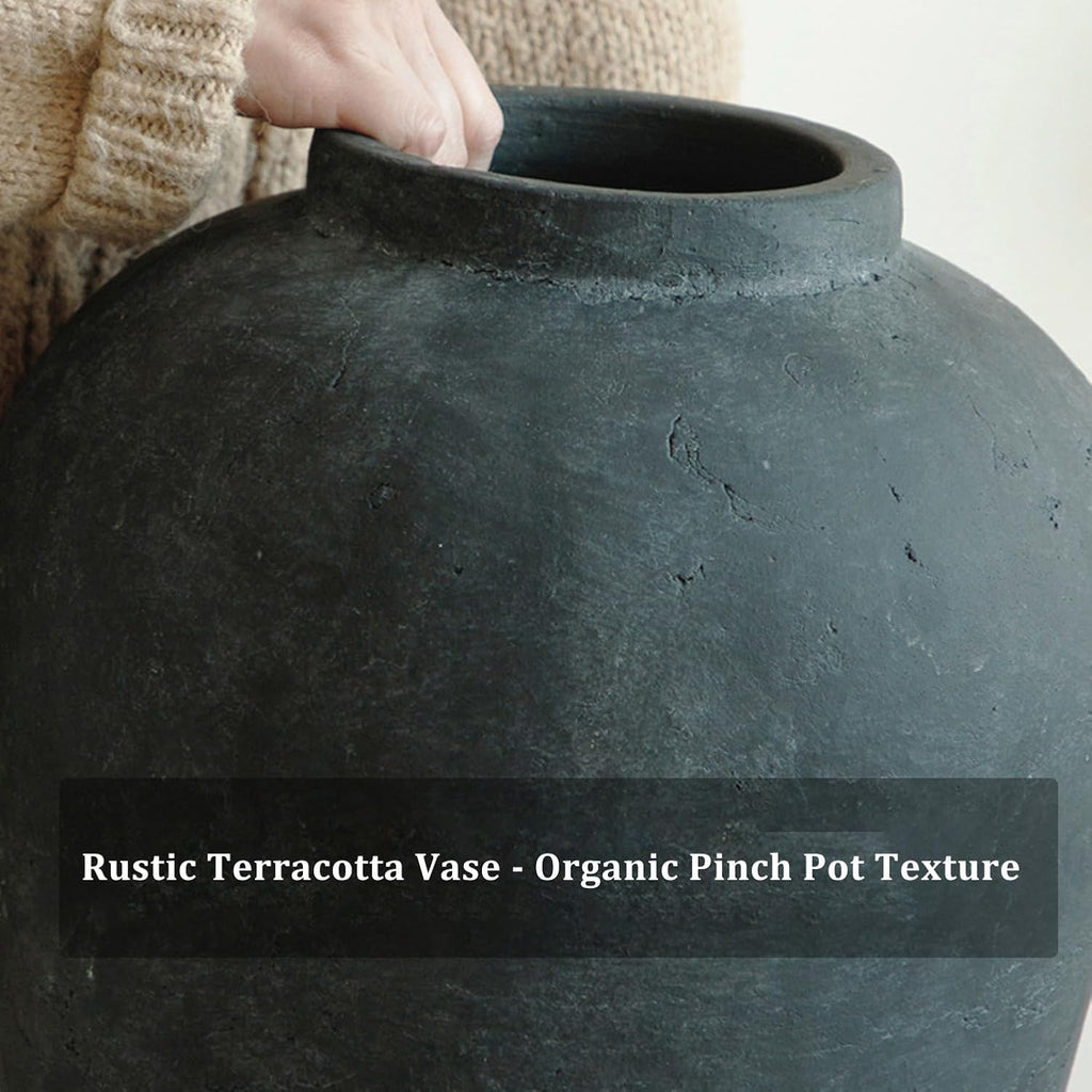 Large Ceramic Vase, 11' Rustic Farmhouse Terracotta Vase for Home Decor, Artisan Decorative Flower Vase for Living Room, Table Centerpiece, Bedroom (Rustic Black)