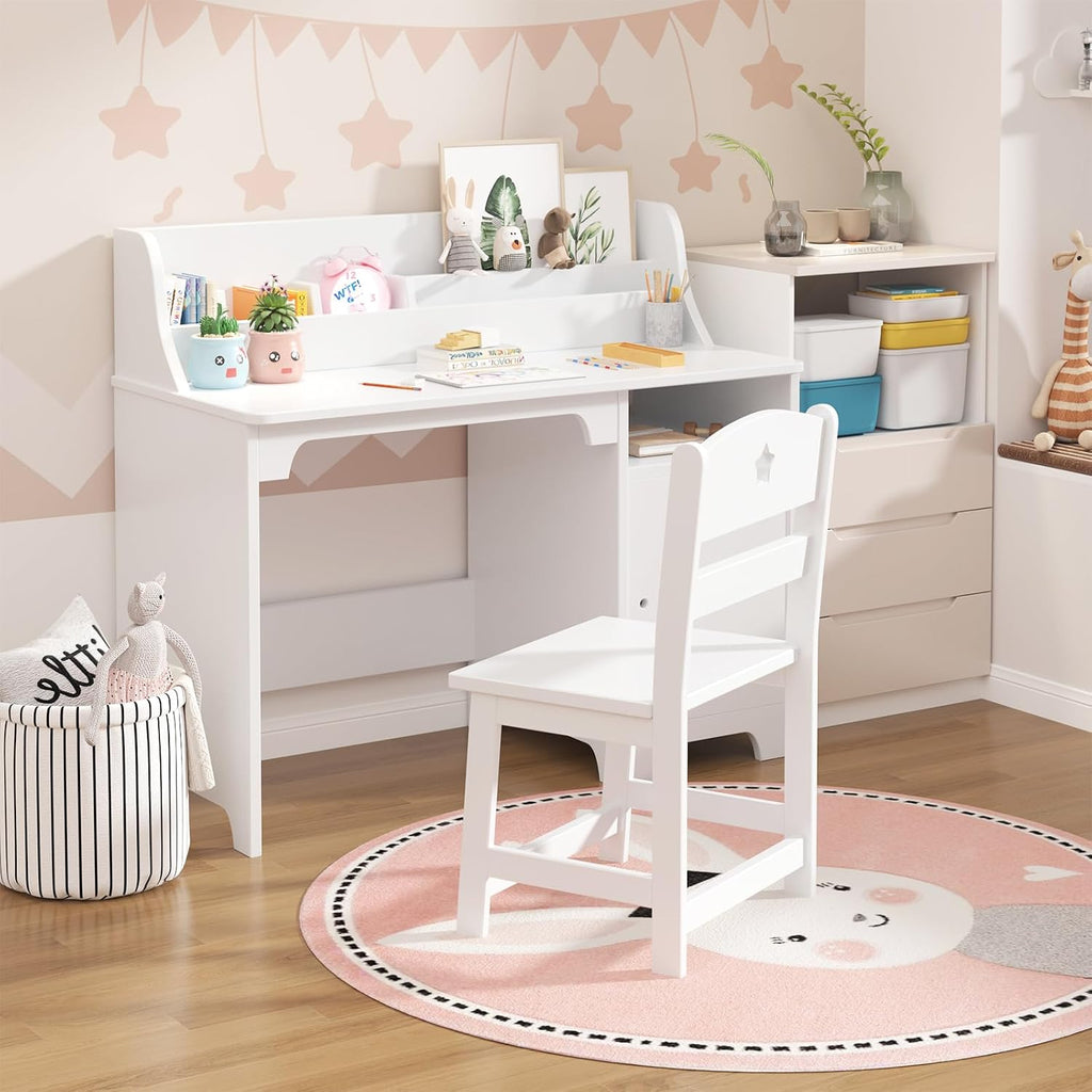Kids Study Desk with Chair,Wooden Children Study Table, Kids Desk & Chair Sets with Hutch and Storage Cabinet for 3-12 Year Old, Student Writing Desk Computer Workstation for Kids Bedroom & Study Room