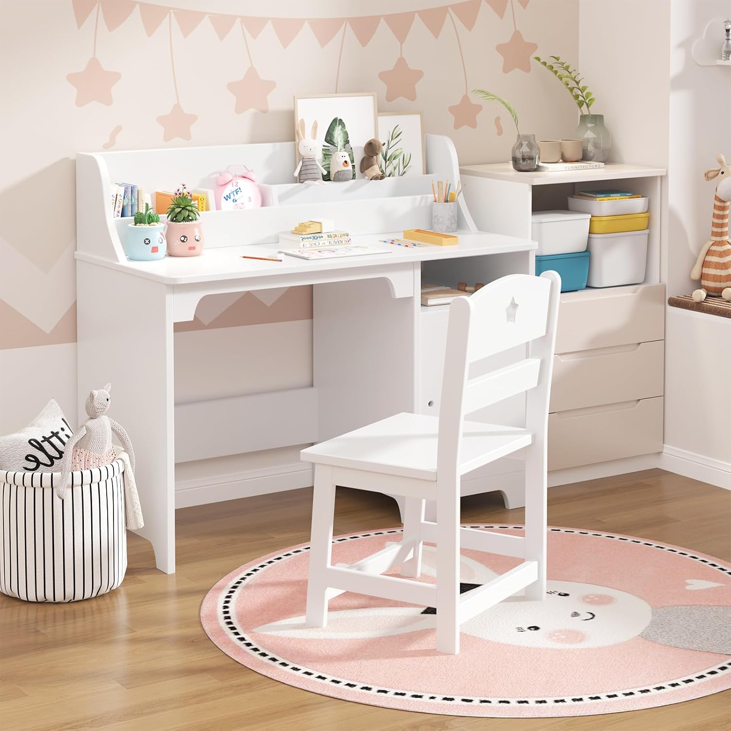 Kids Study Desk with Chair,Wooden Children Study Table, Kids Desk & Chair Sets with Hutch and Storage Cabinet for 3-12 Year Old, Student Writing Desk Computer Workstation for Kids Bedroom & Study Room