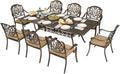 VINGLI 9 Pieces Outdoor Dining Set, Cast Aluminium All-Weather Patio Dining Set for 8 with Umbrella Hole, Outdoor Dining Table and Chairs with Cushion for Yard, Garden, Porch and Poolside, Bronze