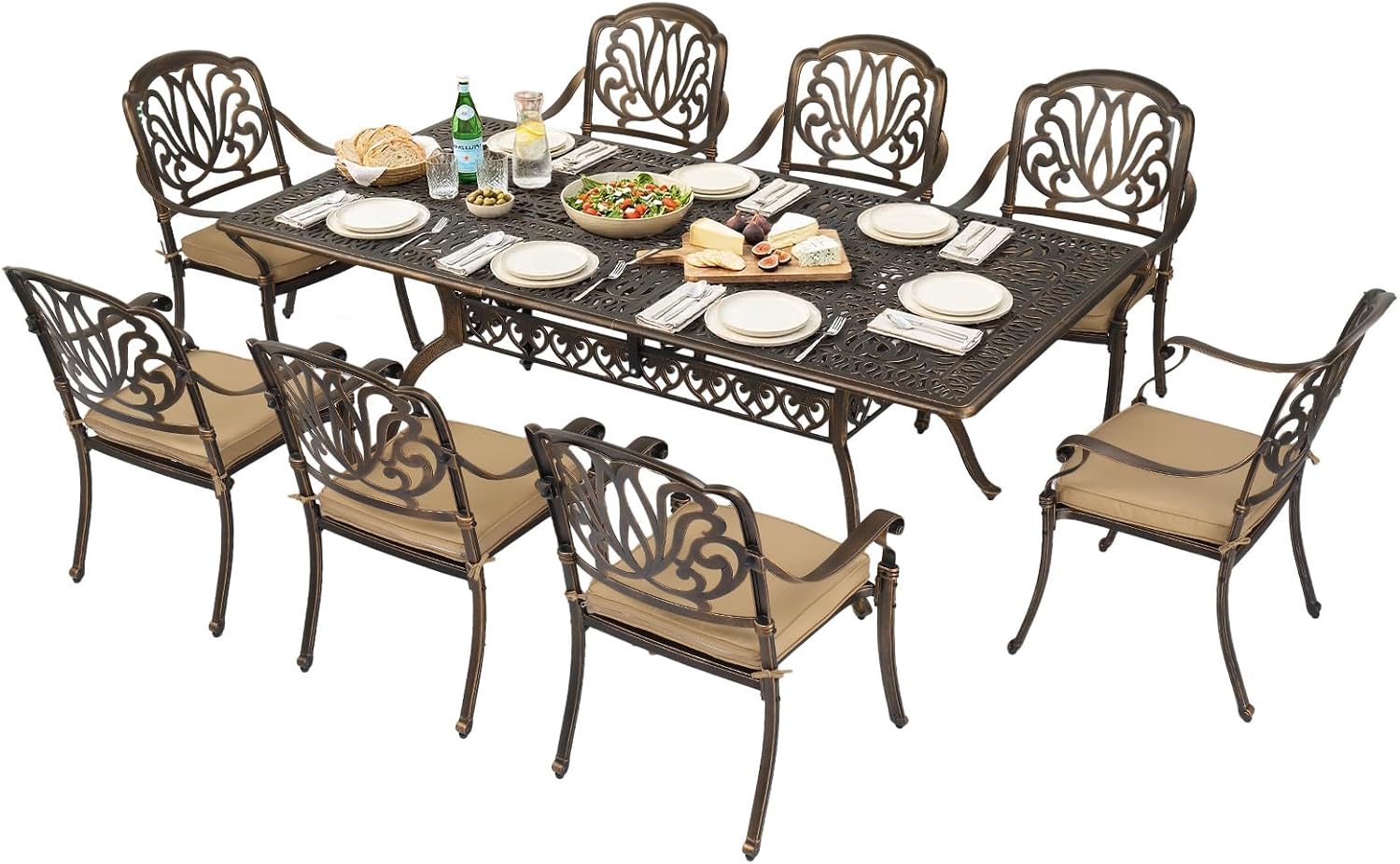 VINGLI 9 Pieces Outdoor Dining Set, Cast Aluminium All-Weather Patio Dining Set for 8 with Umbrella Hole, Outdoor Dining Table and Chairs with Cushion for Yard, Garden, Porch and Poolside, Bronze