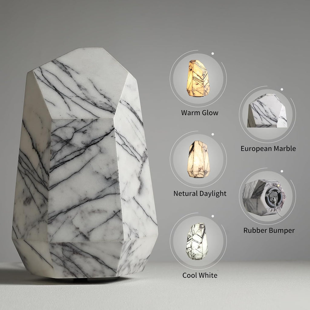Handcrafted Real Marble Table Lamp, Stone Lamp with Tri-Color Dimmable LED, Bedside Lamp, Small Table Lamp for Home Decor, Accent Table Lamp for Bedroom Living Room, Multifacet