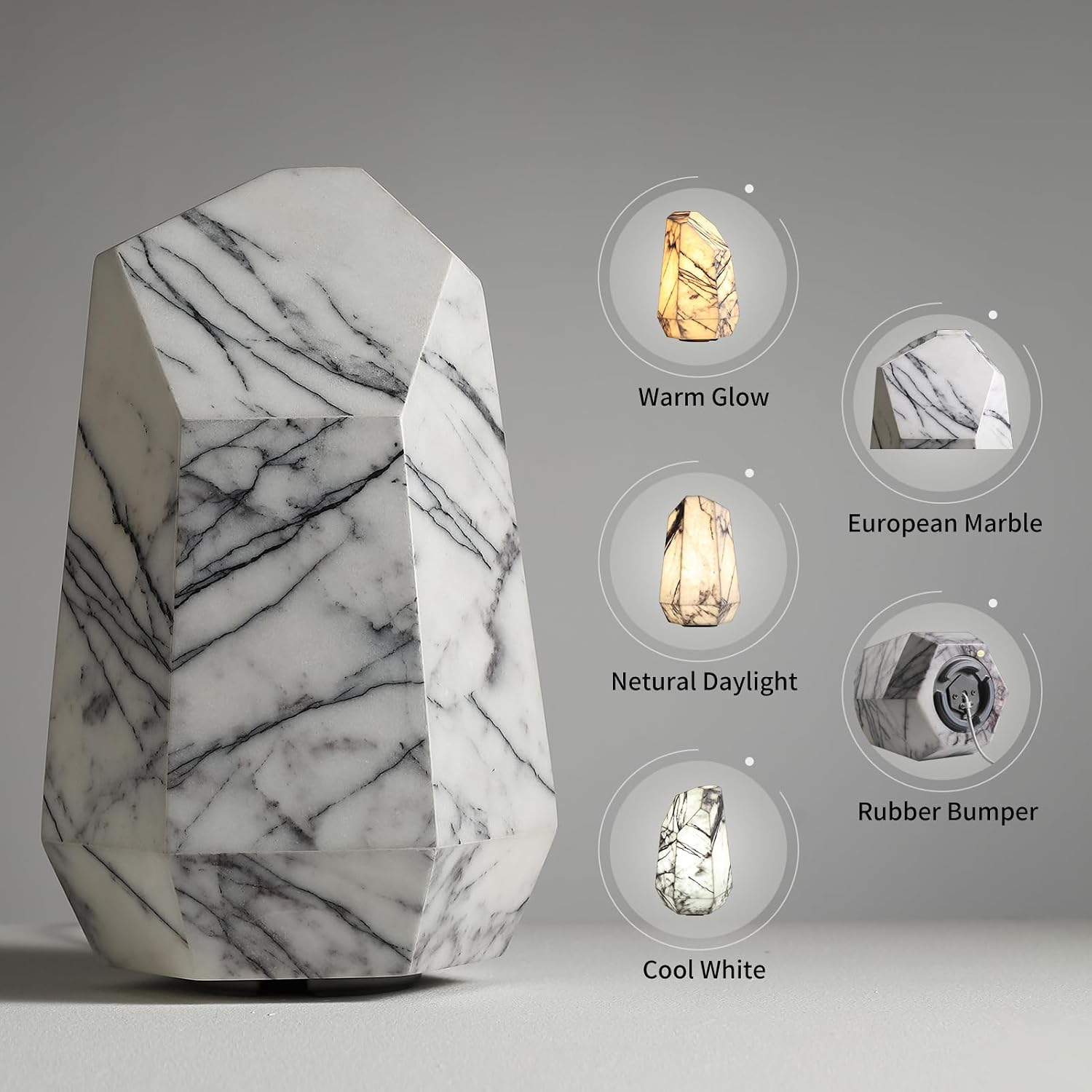 Handcrafted Real Marble Table Lamp, Stone Lamp with Tri-Color Dimmable LED, Bedside Lamp, Small Table Lamp for Home Decor, Accent Table Lamp for Bedroom Living Room, Multifacet