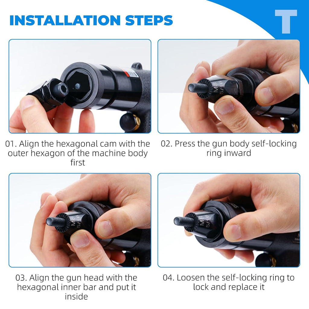 NEWTRY 1300rpm Air Rivet Nut Gun Pneumatic Riveter Riveting Tool Kit with Self-locking Head for 13/64, 5/32 Nut (6065 gun with M4, M5 head)
