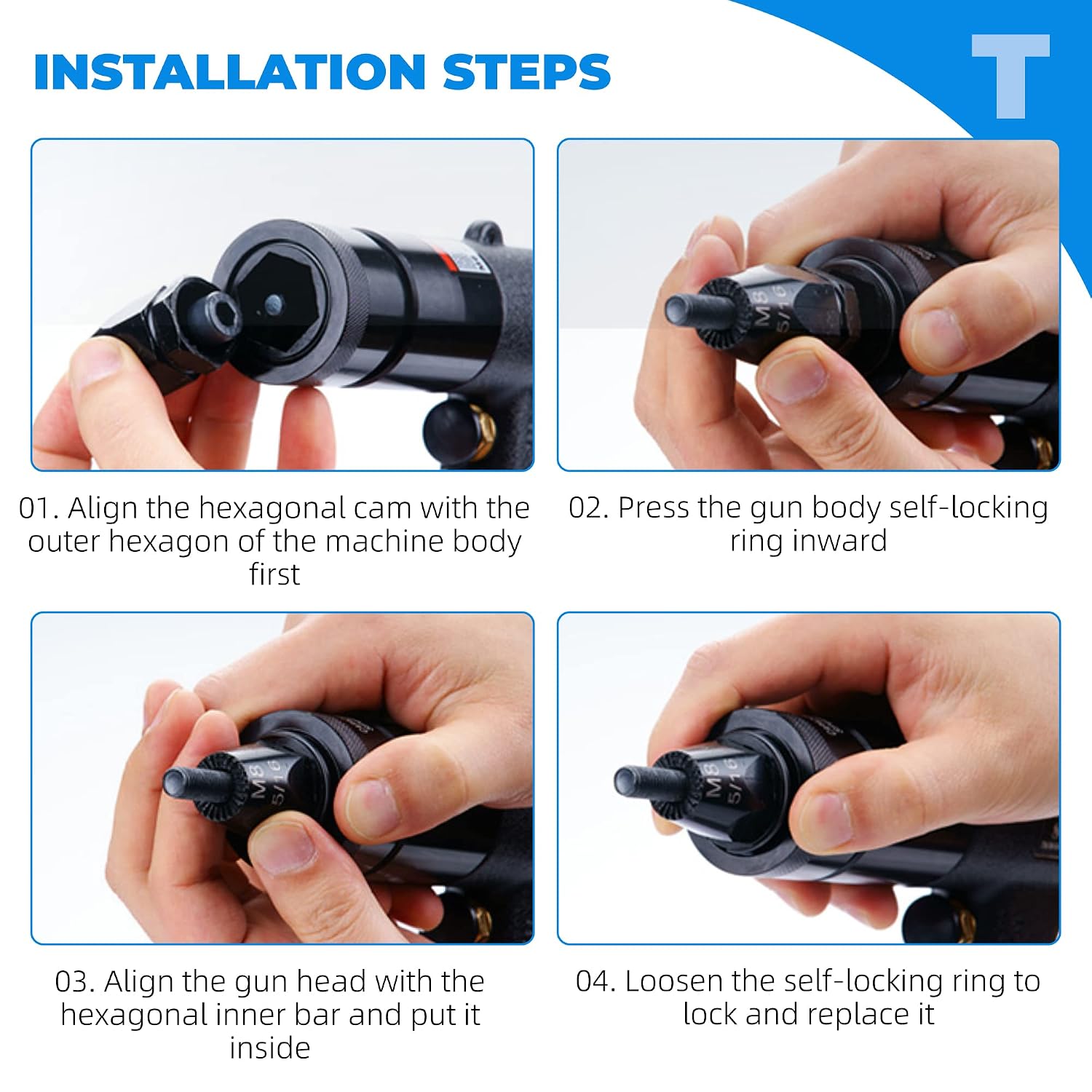 NEWTRY 1300rpm Air Rivet Nut Gun Pneumatic Riveter Riveting Tool Kit with Self-locking Head for 13/64, 5/32 1/4 Nut (6065 gun with M4,M5,M6 head)