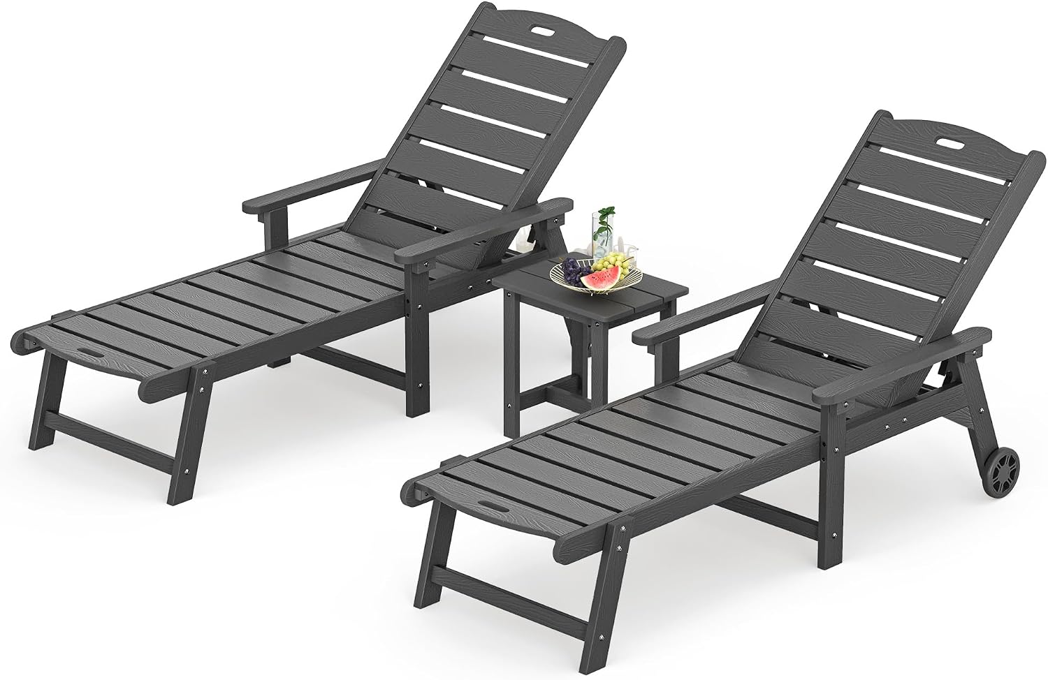 LUE BONA Chaise Lounge Chair with Table, 3-Piece, HDPS Chaise Lounger, 5 Positions Adjustable Lounge Chairs, Pool Lounge Chair with Wheels for Poolside, Backyard, Dark Gray