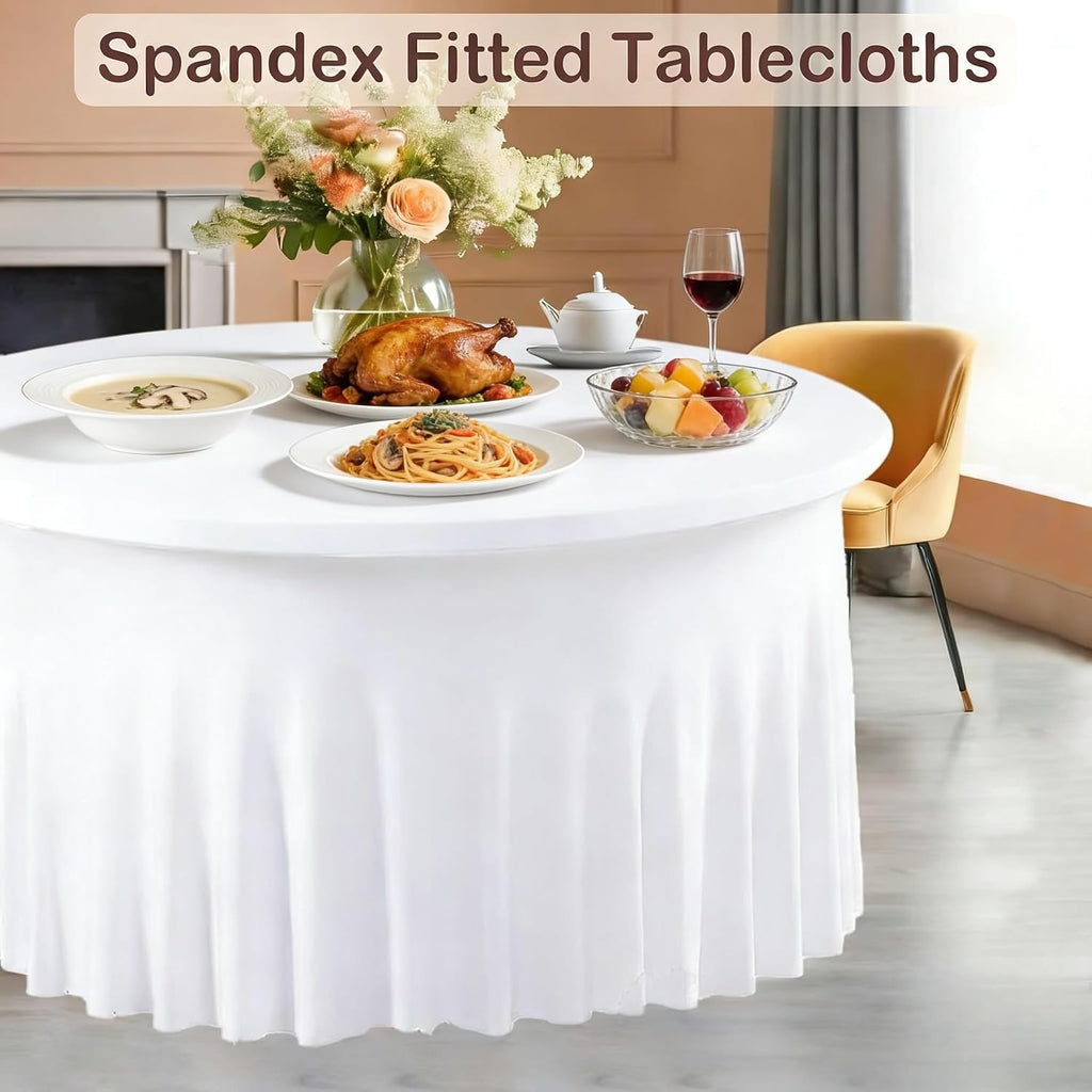 10 Pack White Spandex Round Tablecloths for 60inch Tables, 120 Inch Stretchy 5ft Round Fitted Tablecloth Wrinkle Free Washable Table Cloths Table Covers with Skirt for Wedding Party Birthday Banquet