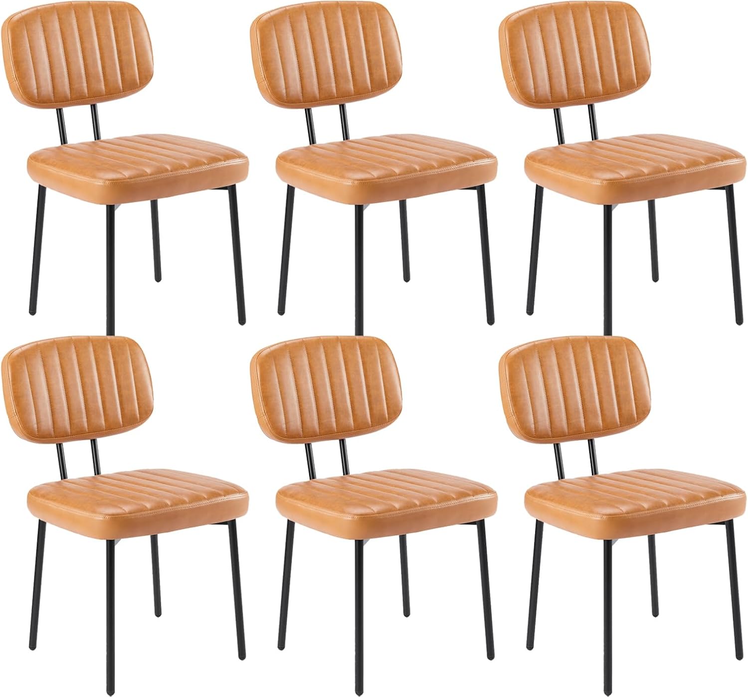 Sweetcrispy Dining Chairs Set of 6, Upholstered Mid Century Modern Kitchen Accent Chairs with Faux Leather Cushion Seat & Metal Legs for Home Office, Living Room - Brown