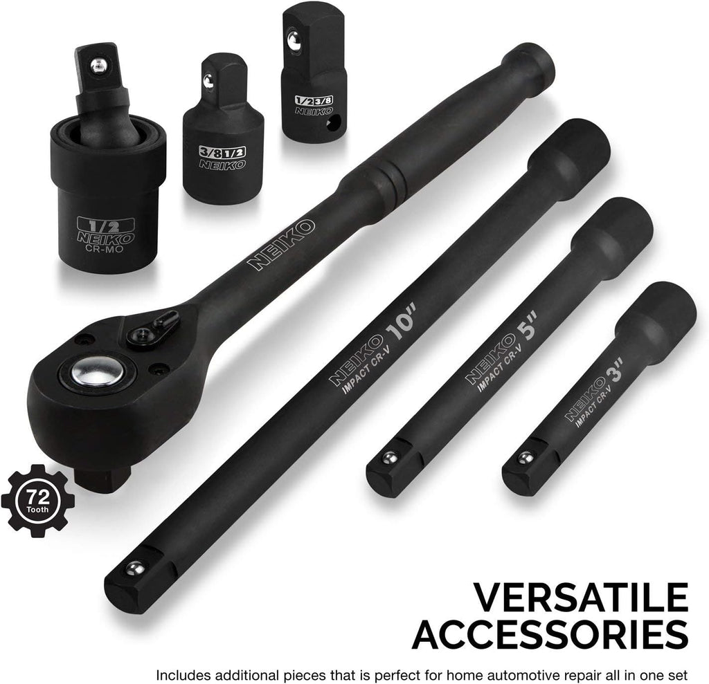 NEIKO 02446A 1/2' Impact Socket Set, 35 Piece, Deep Socket Kit Assortment, Standard SAE (3/8'-1-1/4') and Metric MM (10-32mm) Sizes, Includes Ratchet Handle and Impact Extension Bars