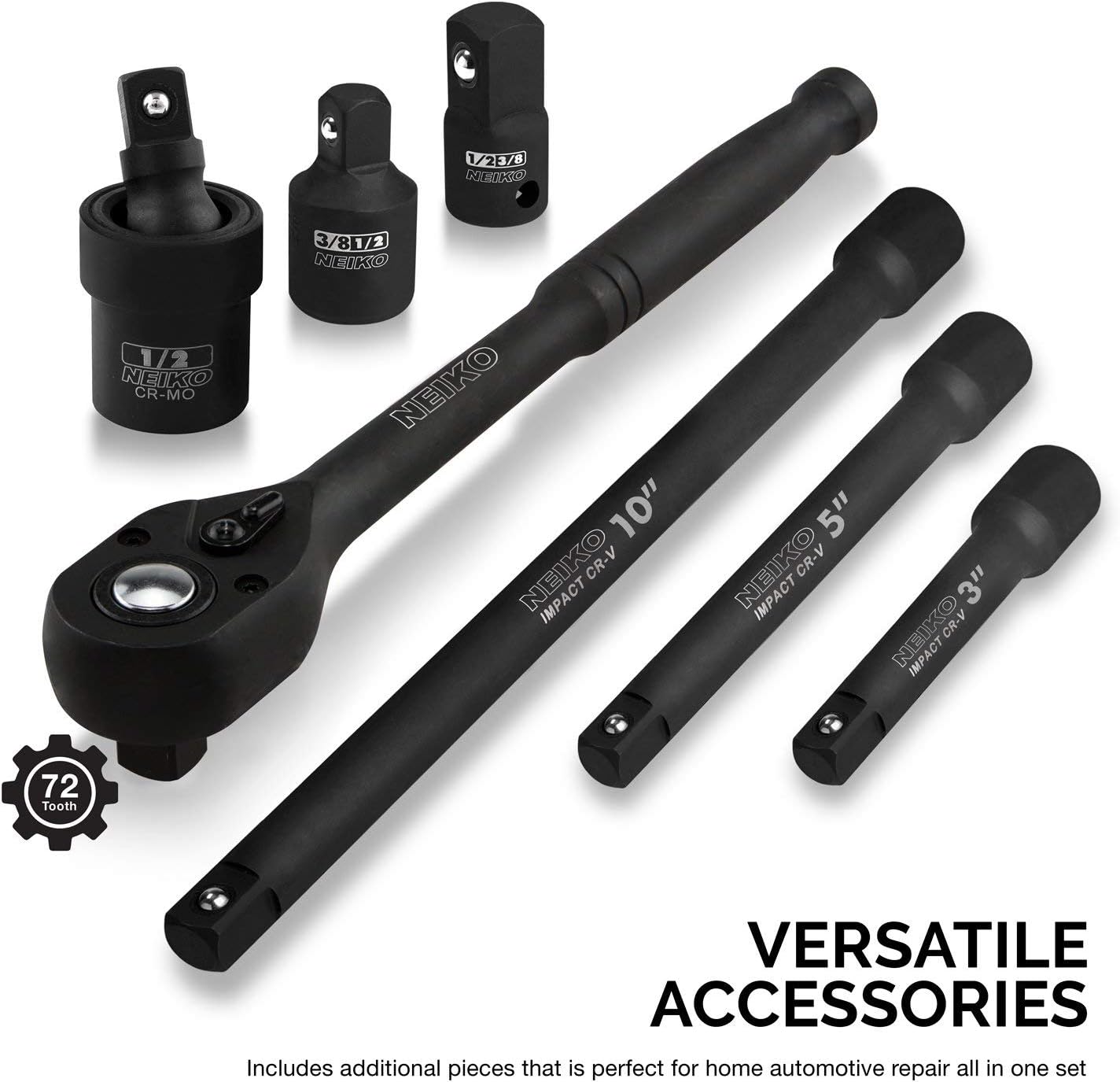 NEIKO 02446A 1/2' Impact Socket Set, 35 Piece, Deep Socket Kit Assortment, Standard SAE (3/8'-1-1/4') and Metric MM (10-32mm) Sizes, Includes Ratchet Handle and Impact Extension Bars