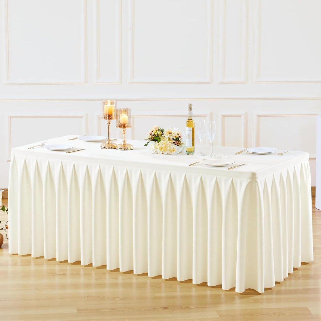 gogoparti Table Skirts for Rectangle Tables 6ft, 8 Pack Ivory Table Covers for 6 Foot Tables Wrinkle Free Stretch Table Cloths with Pleated Skirt Fabric for Banquet, Party, Wedding