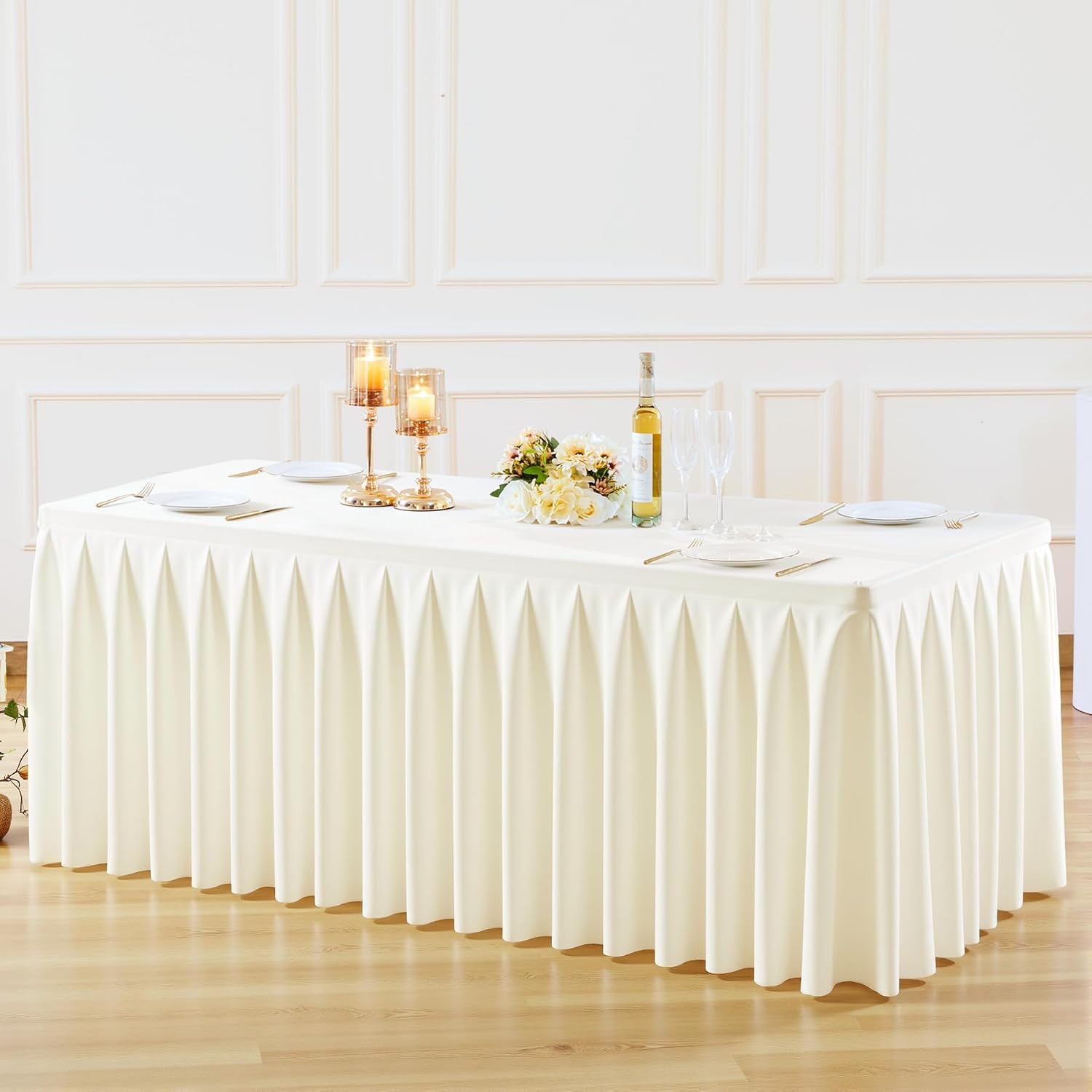 gogoparti Table Skirts for Rectangle Tables 6ft, 8 Pack Ivory Table Covers for 6 Foot Tables Wrinkle Free Stretch Table Cloths with Pleated Skirt Fabric for Banquet, Party, Wedding